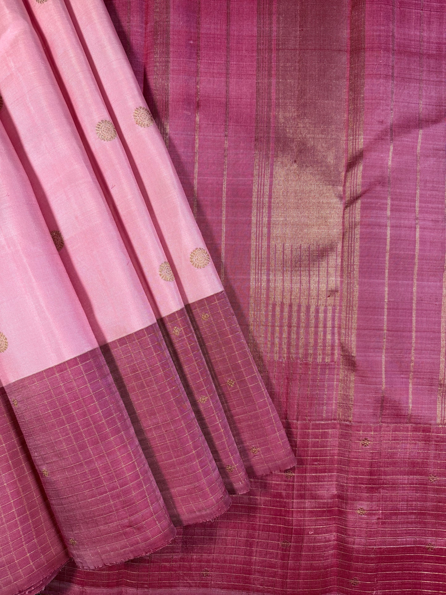Blush Pink & Plum Pure Kanchipuram Silk Saree with Pure Zari Buttas and Checked Border