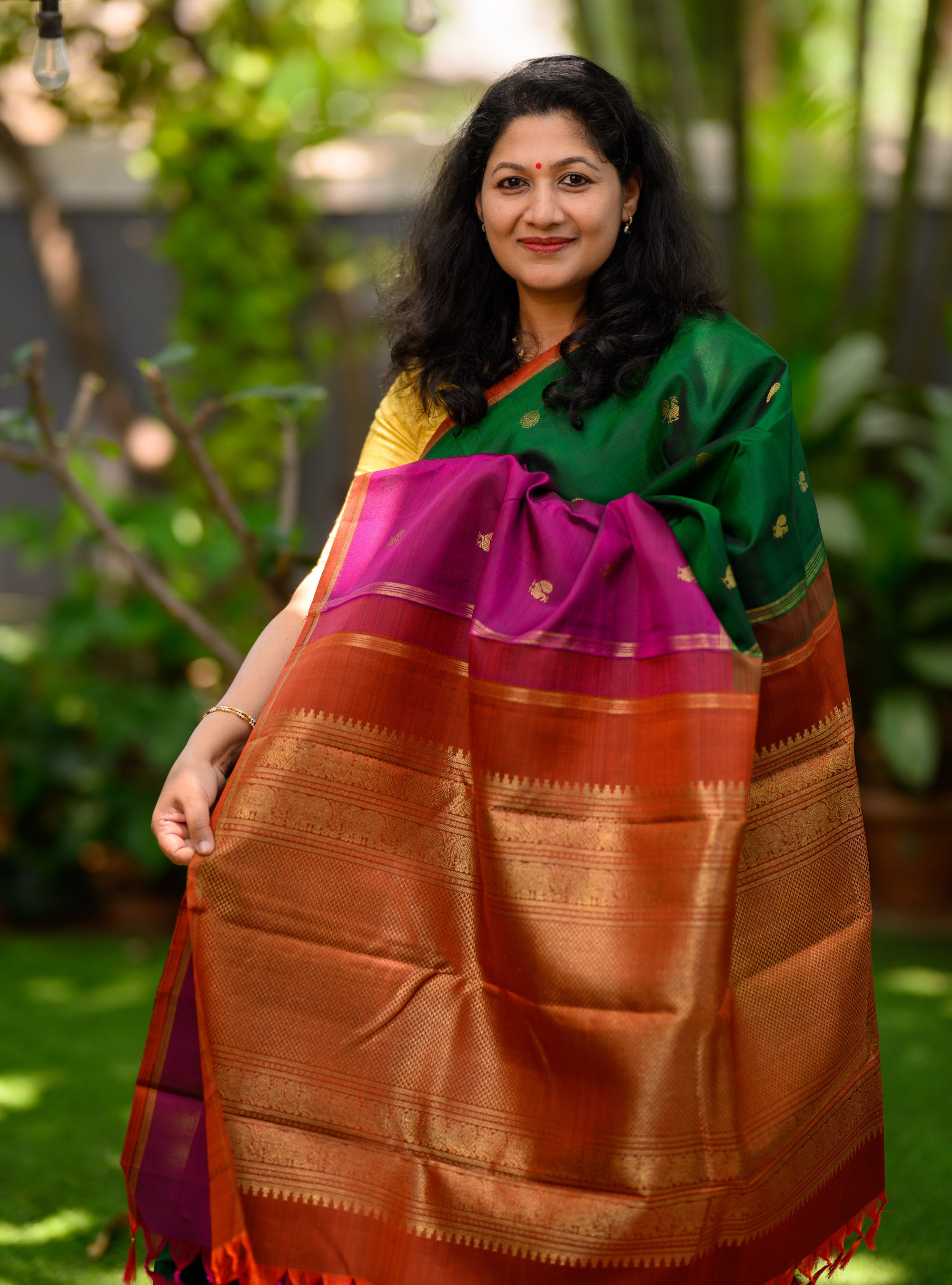 Concept Kanjivaram in Green, Magenta and Orange