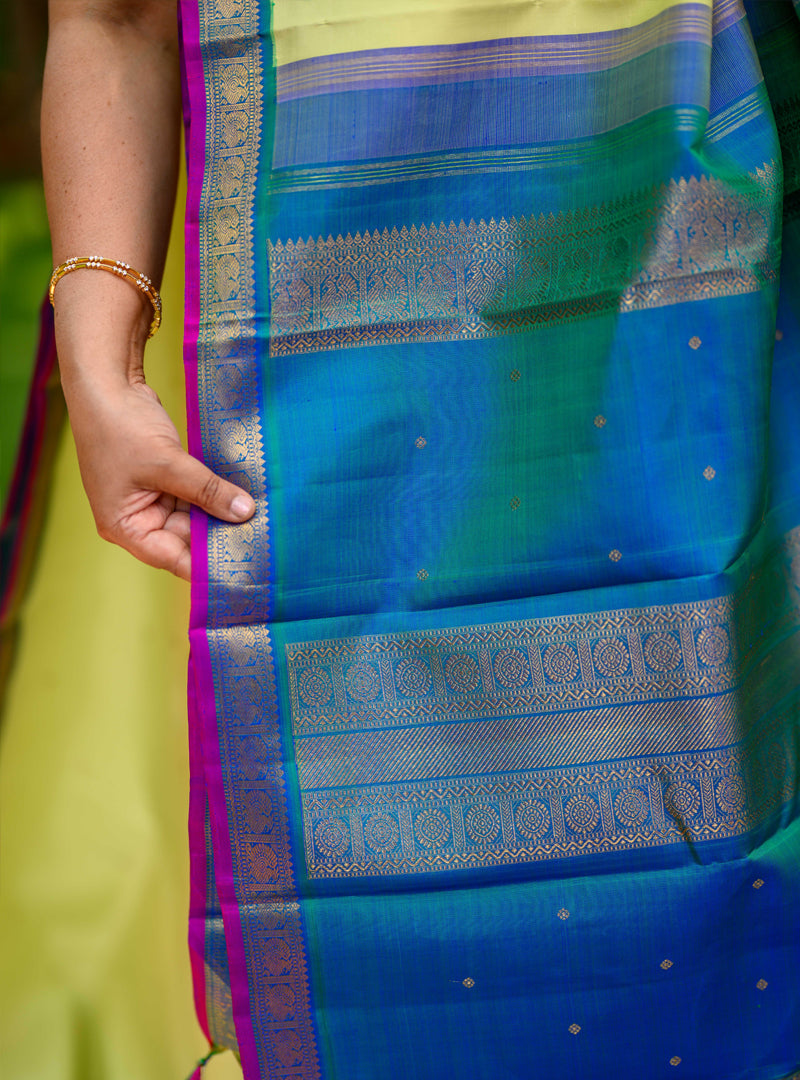 Apple green and peacock blue small border korvai kanchivaram