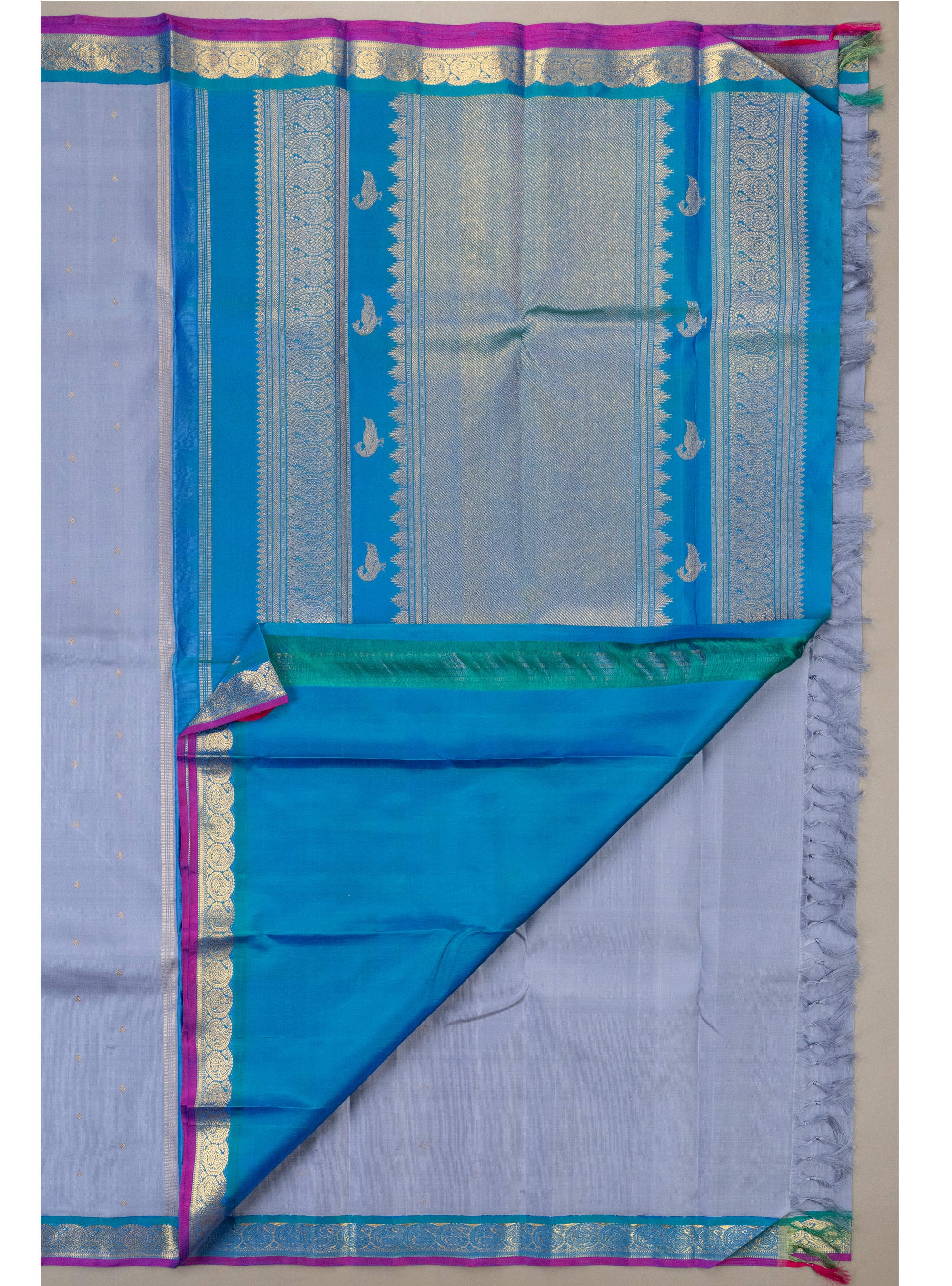 Bluish Grey and Mayilkazhuthu Blue korvai border Kanjivaram Saree