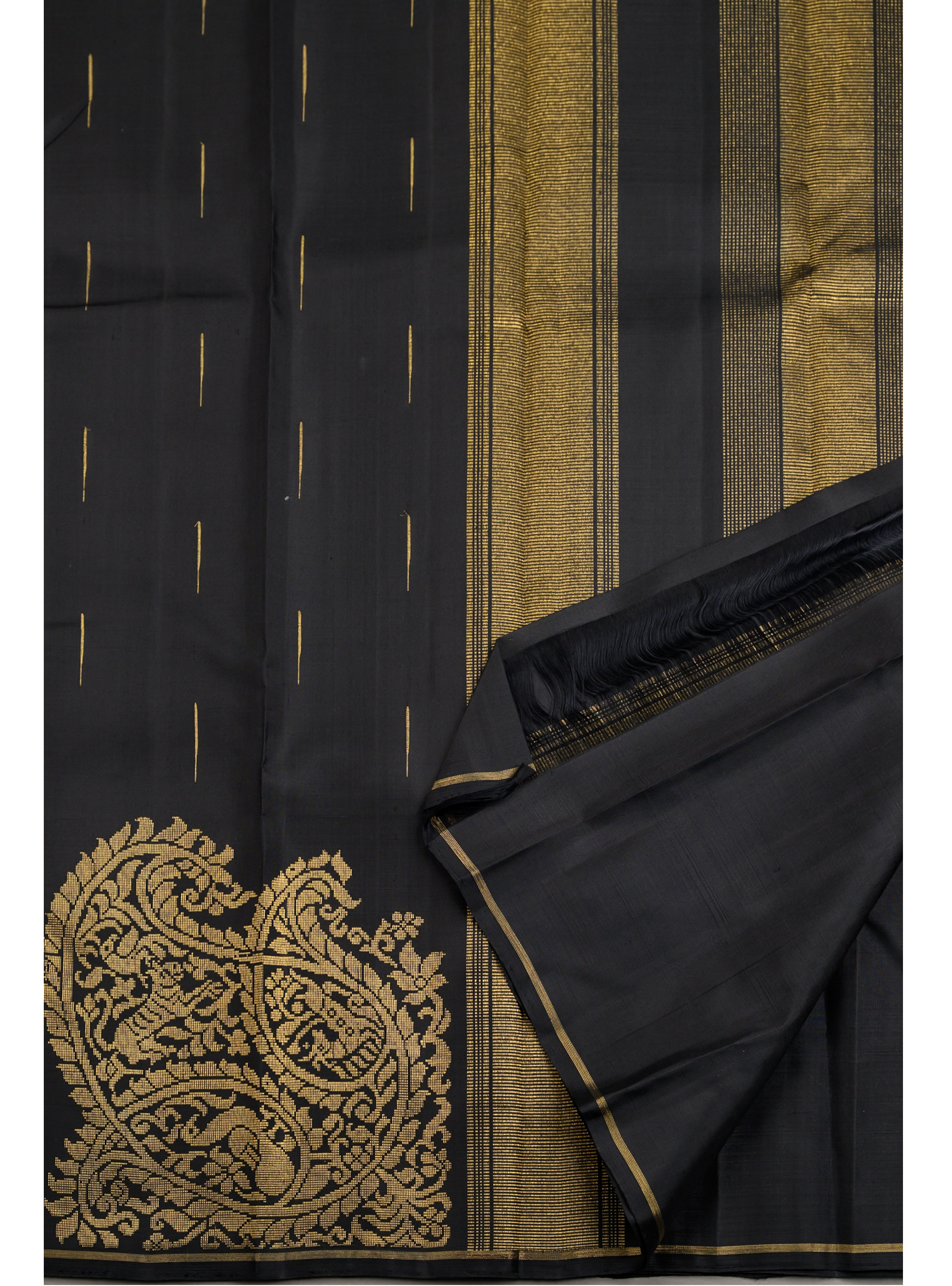 Borderless Black Kanjivaram Saree with Mango corner butta