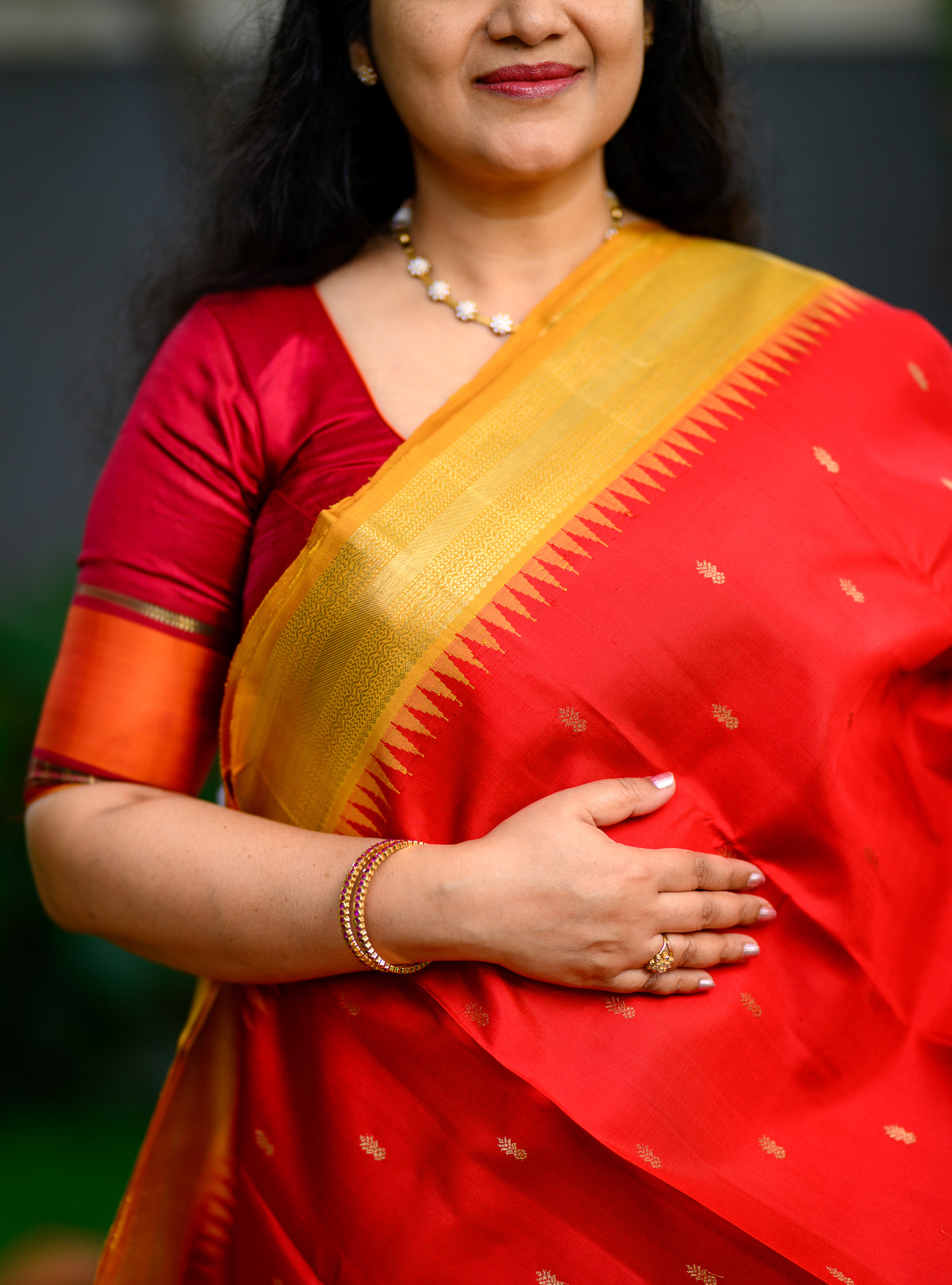 Red Korvai Kanjivaram with Mustard Border and Pallu