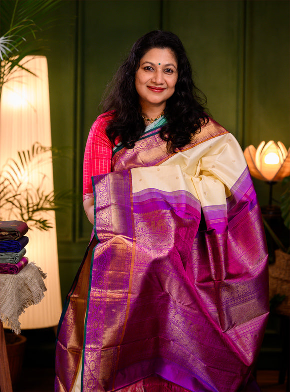 Milk White and Purple Korvai Kanjivaram