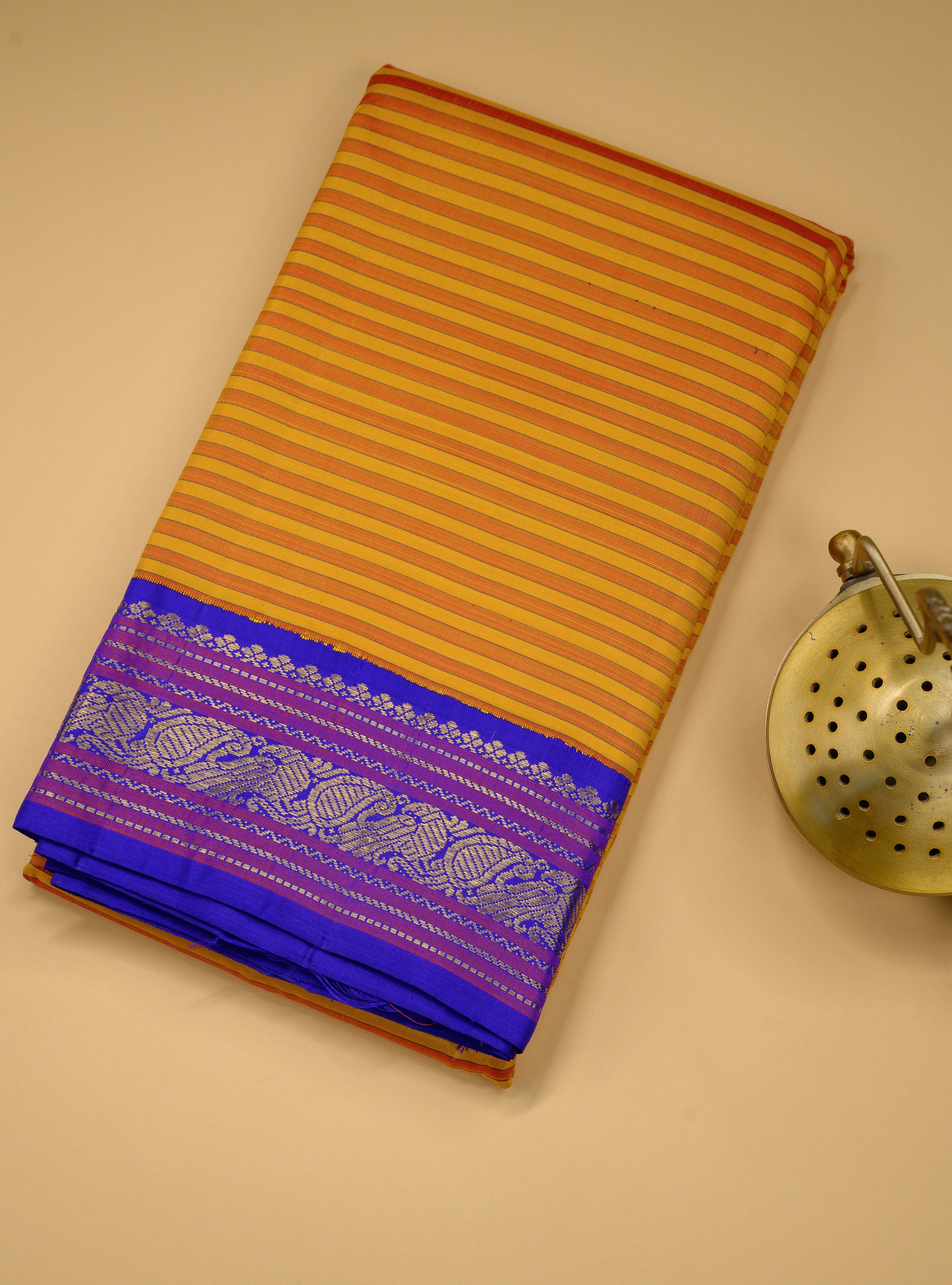 Master Weaver Collection Yellow / Rust Orange and MS Blue Korvai Kanjivaram