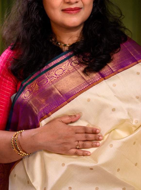 Milk White and Purple Korvai Kanjivaram