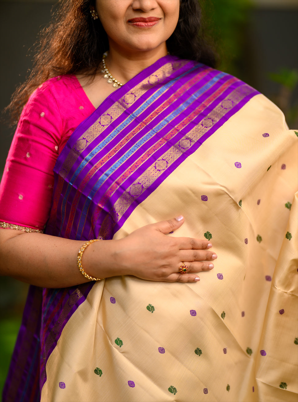 Pure silk, pure zari Kanchivaram Korvai Ganga Jamuna in a beautiful tussar beige body