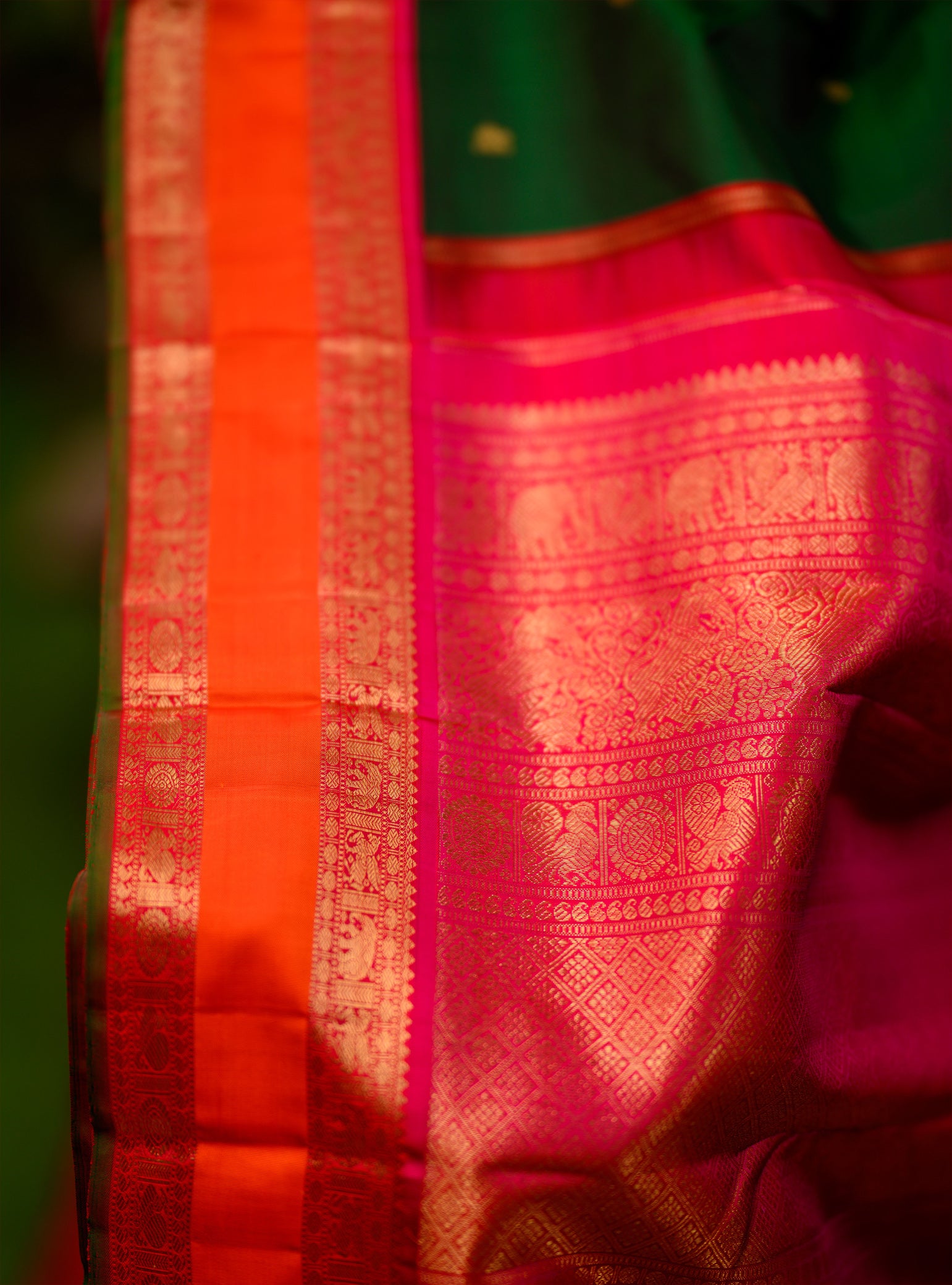 Emrald Green and Pink and Orange Rettapet Korvai border