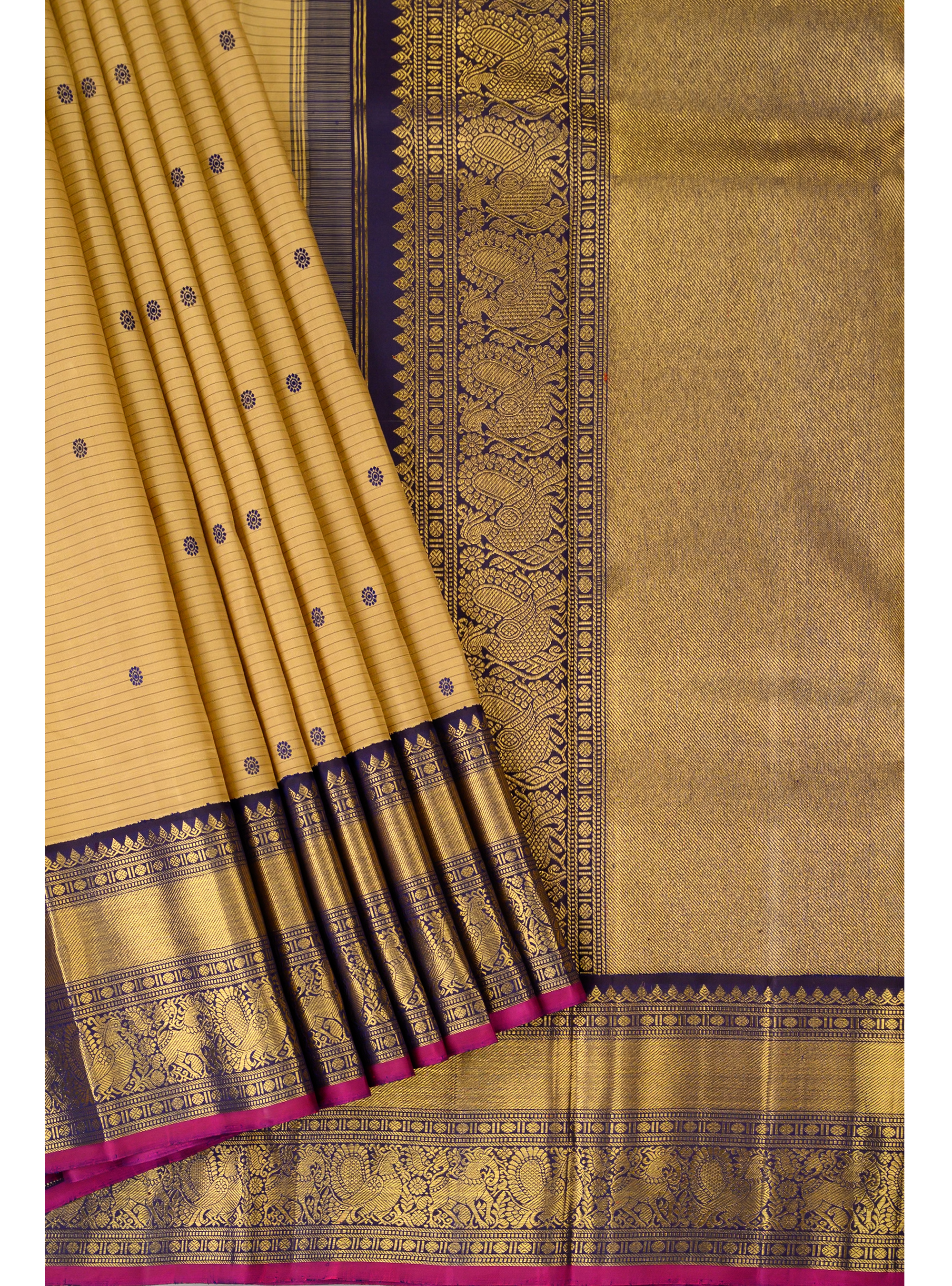 Oosi Korvai in sandal yellow body and dark blue border