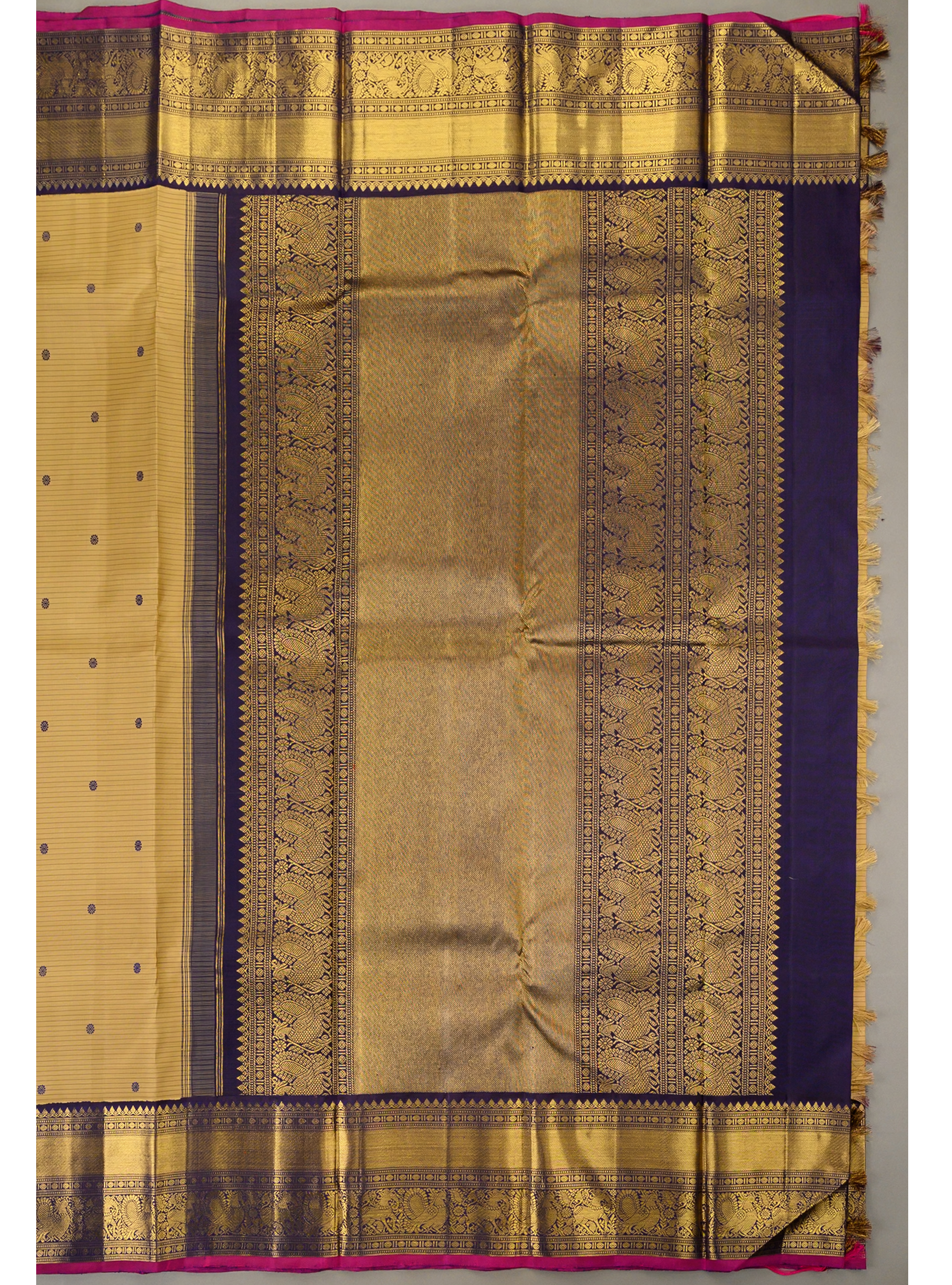 Oosi Korvai in sandal yellow body and dark blue border