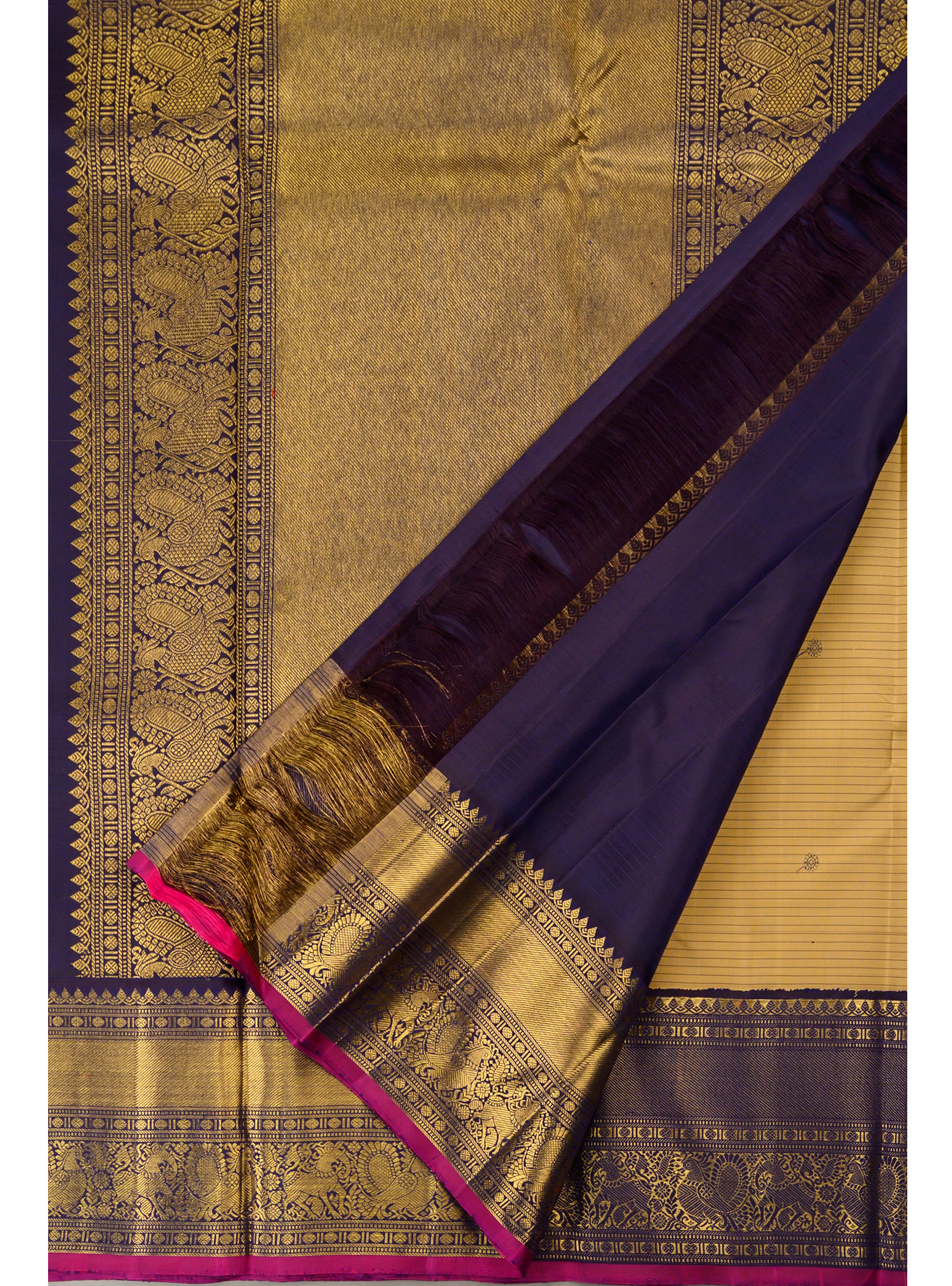 Oosi Korvai in sandal yellow body and dark blue border