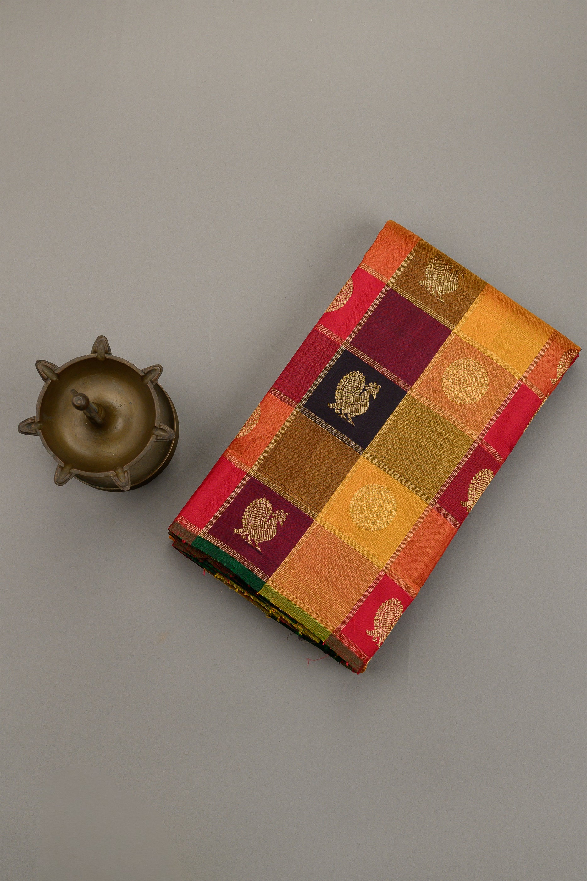 Paalum Pazhavum Borderless with arakku, orange, mustard, maroon and black checks