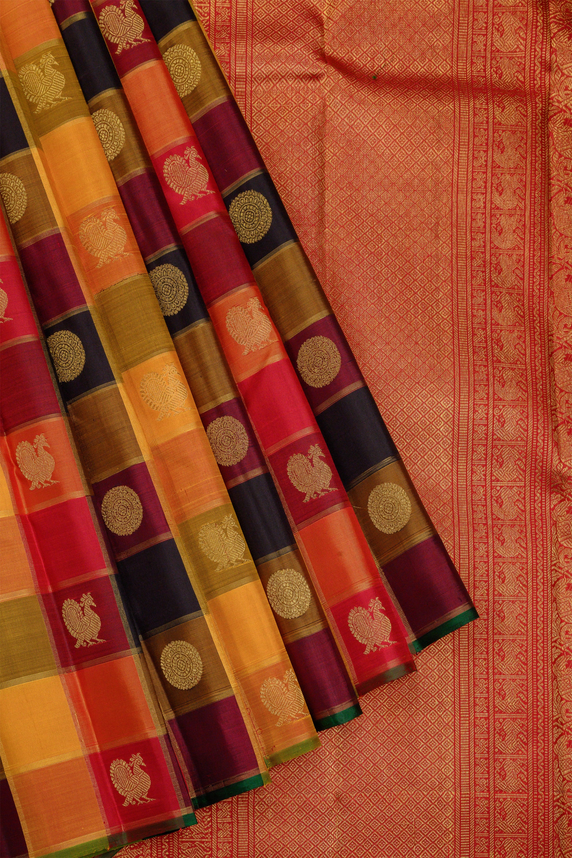 Paalum Pazhavum Borderless with arakku, orange, mustard, maroon and black checks