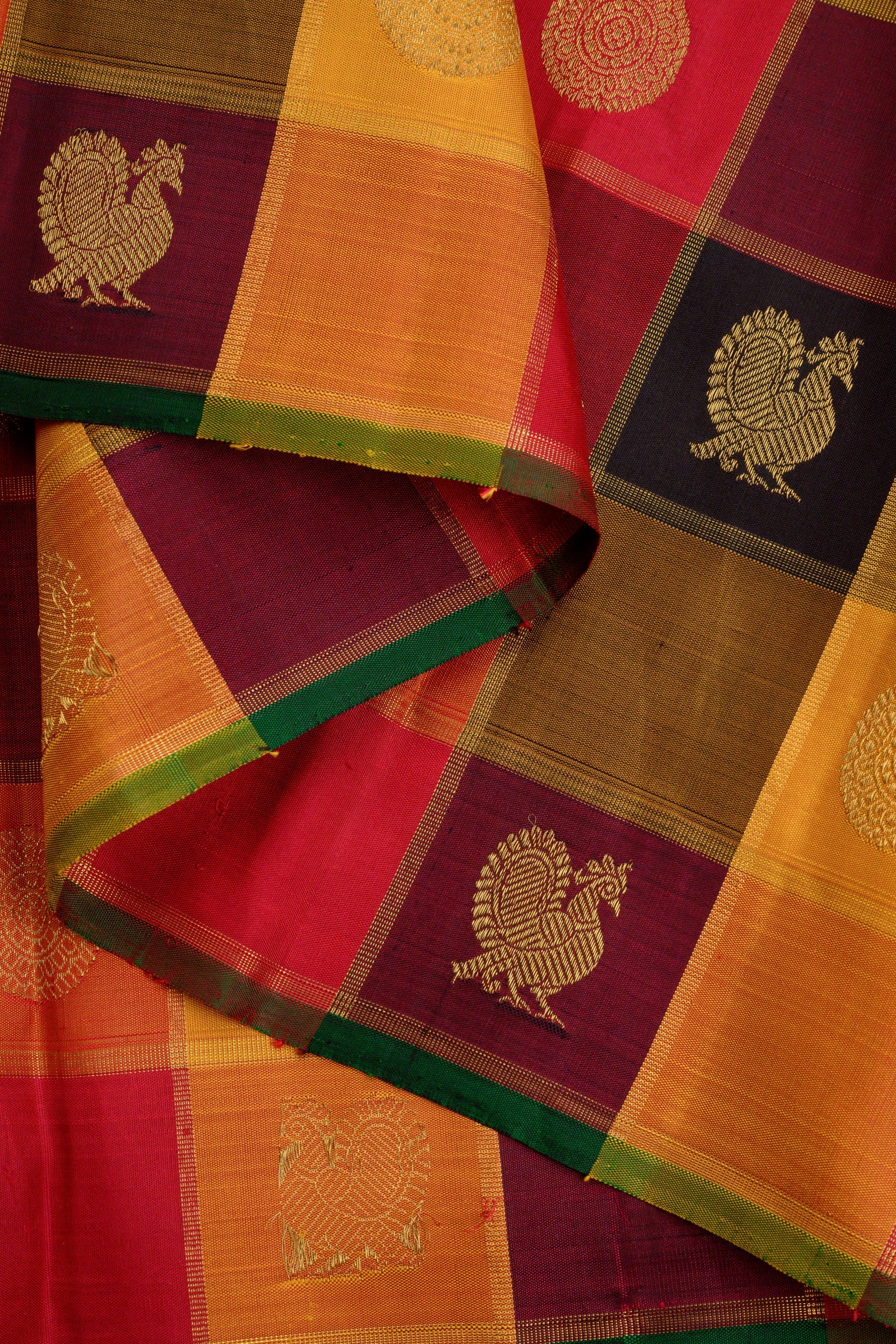 Paalum Pazhavum Borderless with arakku, orange, mustard, maroon and black checks
