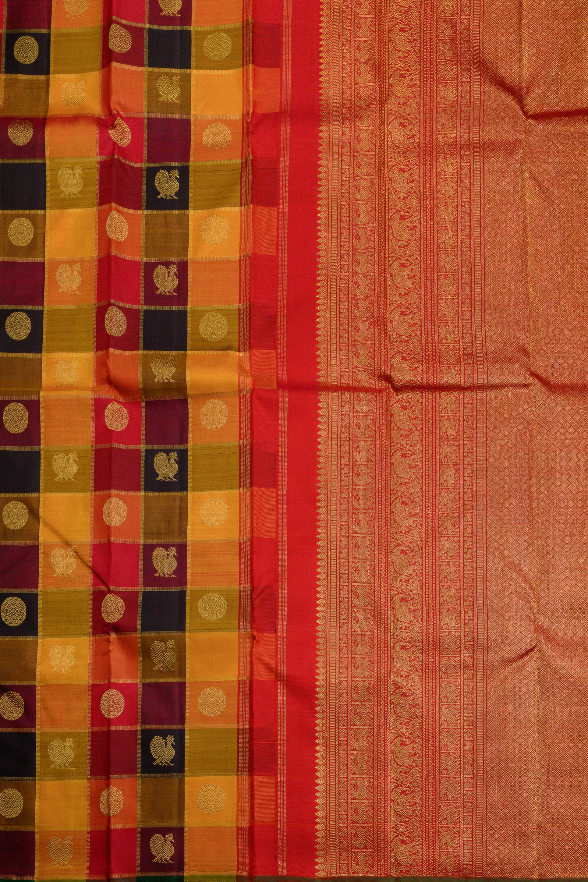 Paalum Pazhavum Borderless with arakku, orange, mustard, maroon and black checks