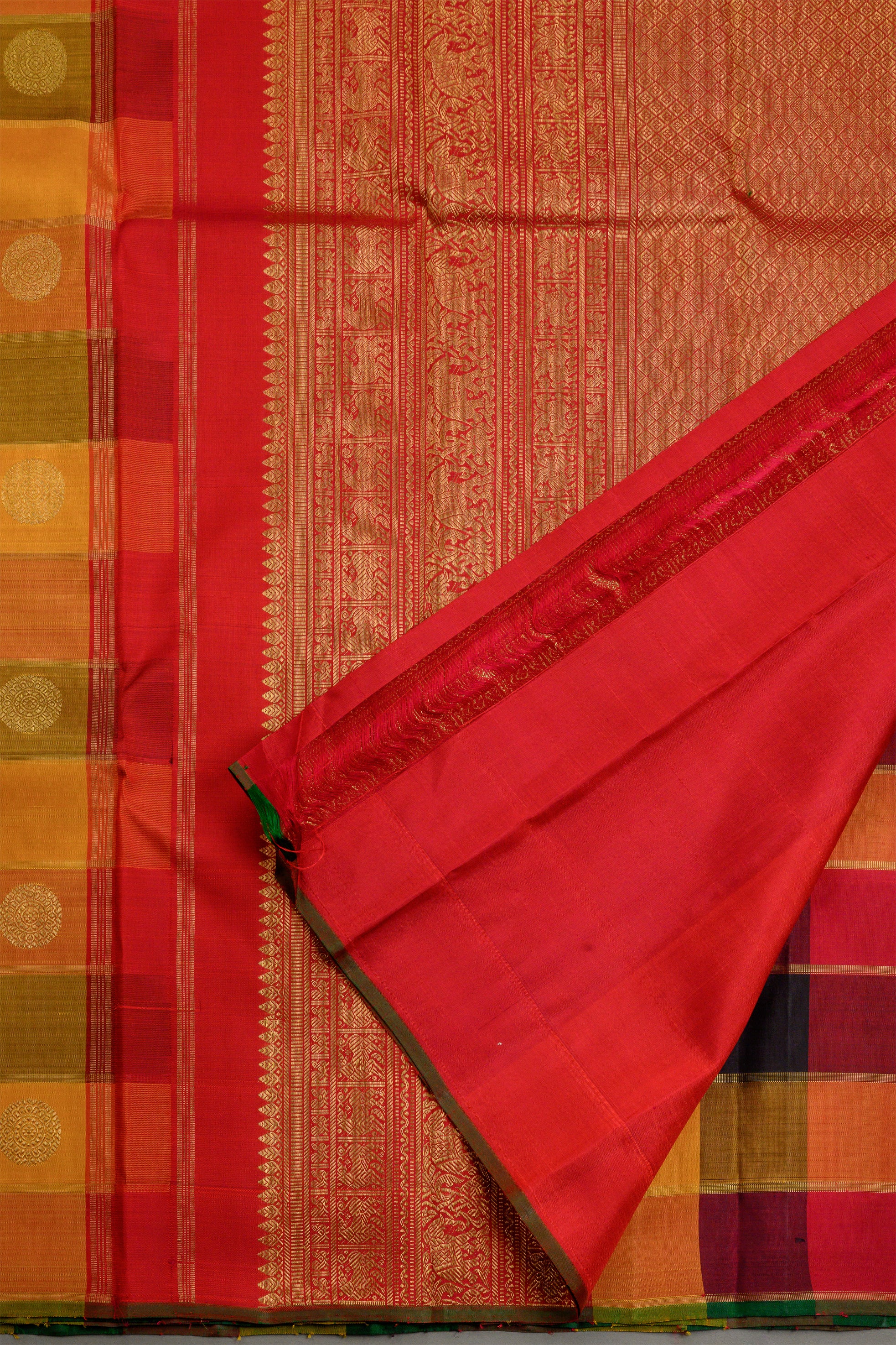 Paalum Pazhavum Borderless with arakku, orange, mustard, maroon and black checks