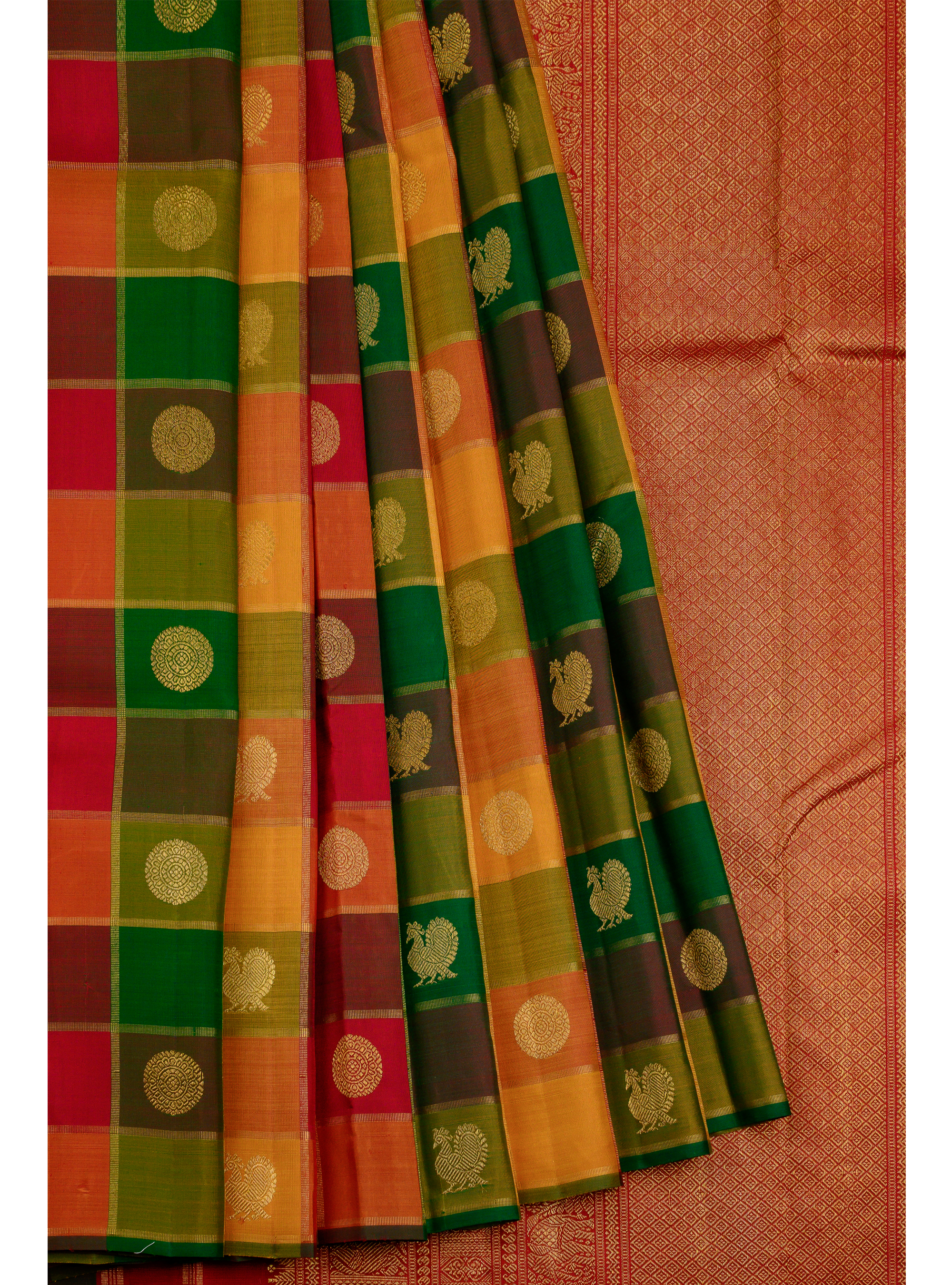 Paalum Pazhavum Borderless with arakku, green, mustard and orange checks