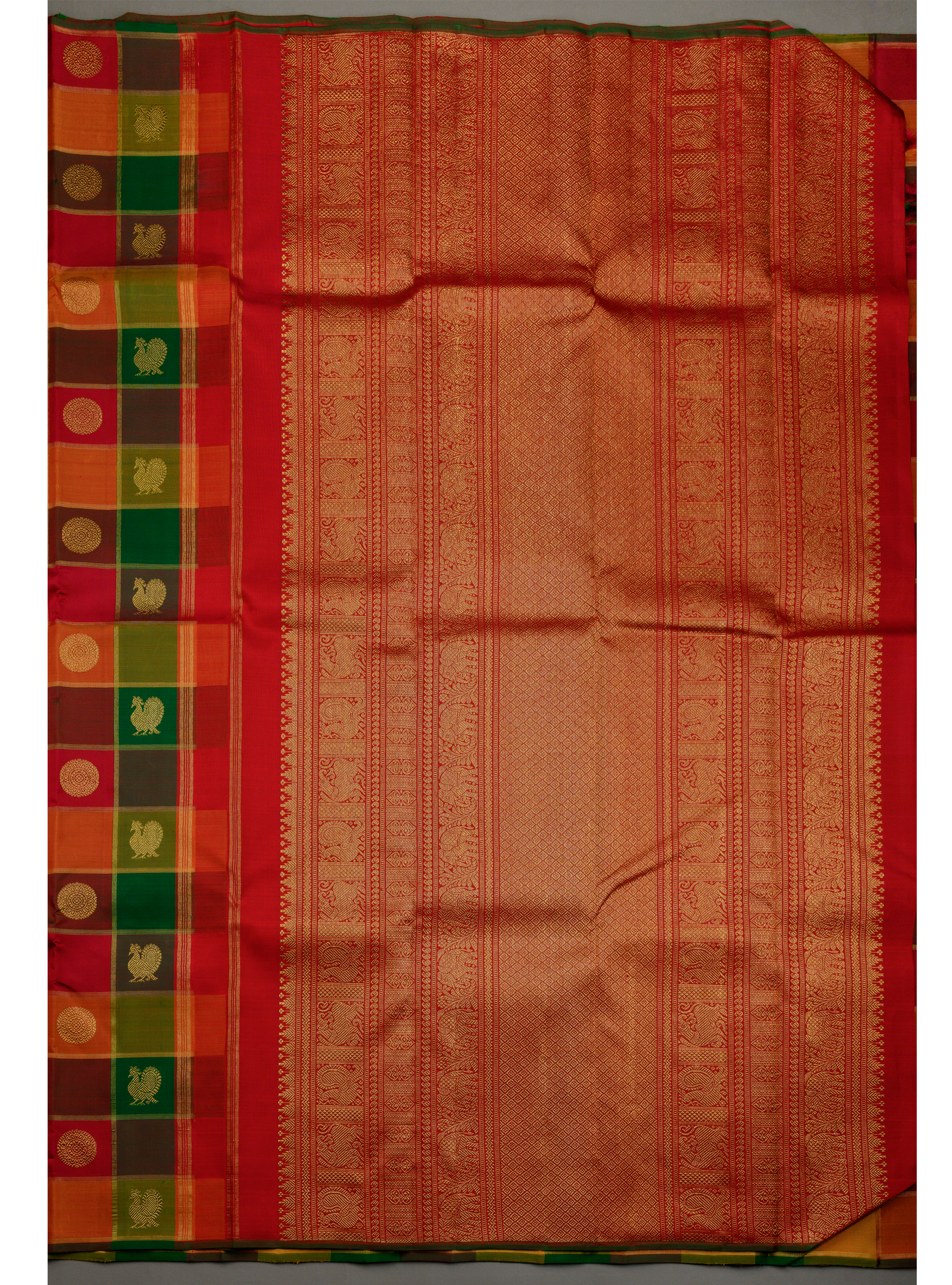 Paalum Pazhavum Borderless with arakku, green, mustard and orange checks
