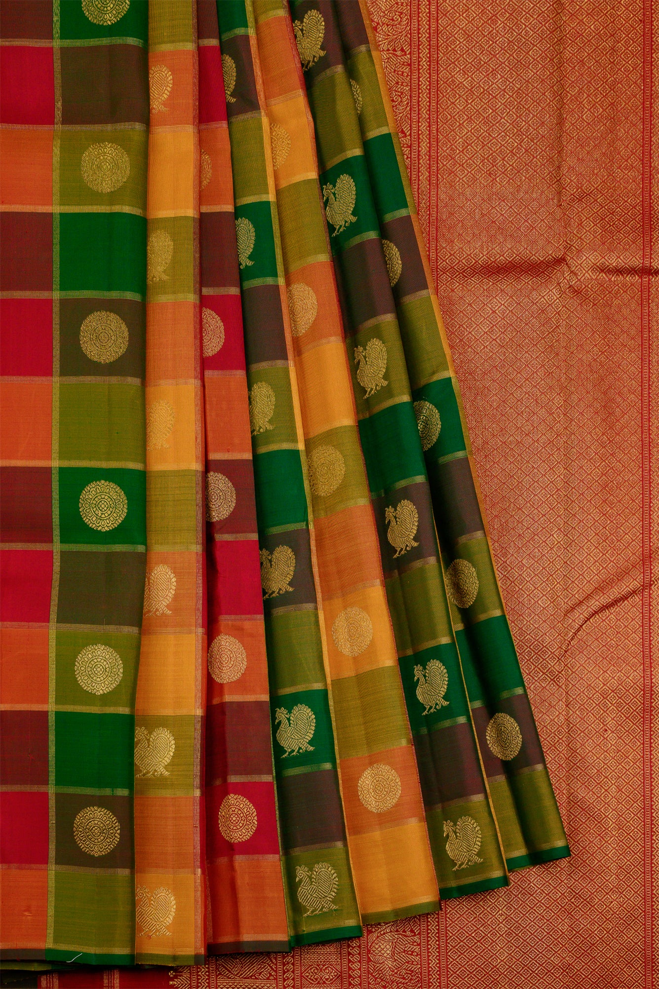 Paalum Pazhavum Borderless with arakku, green, mustard and orange checks
