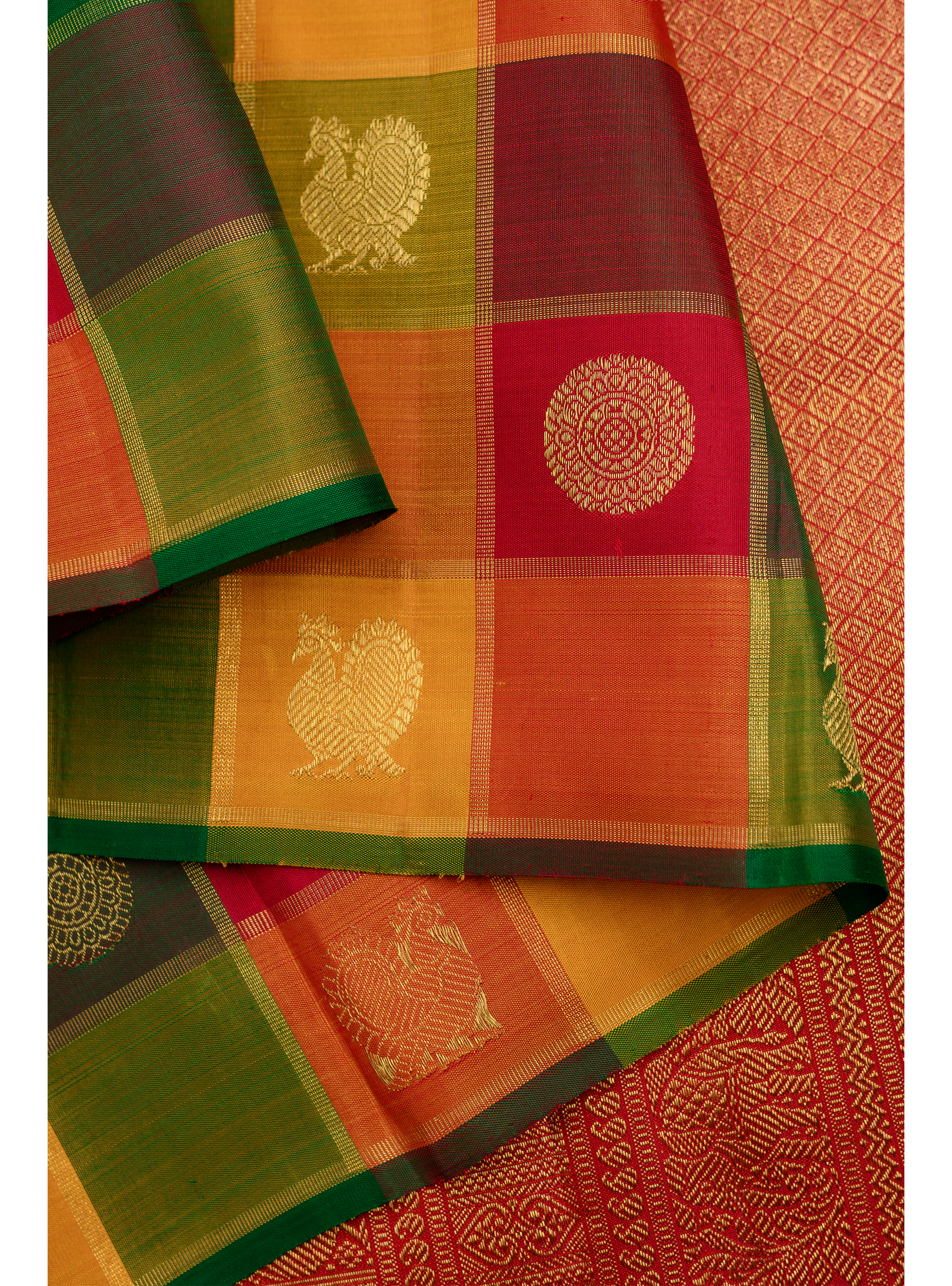 Paalum Pazhavum Borderless with arakku, green, mustard and orange checks