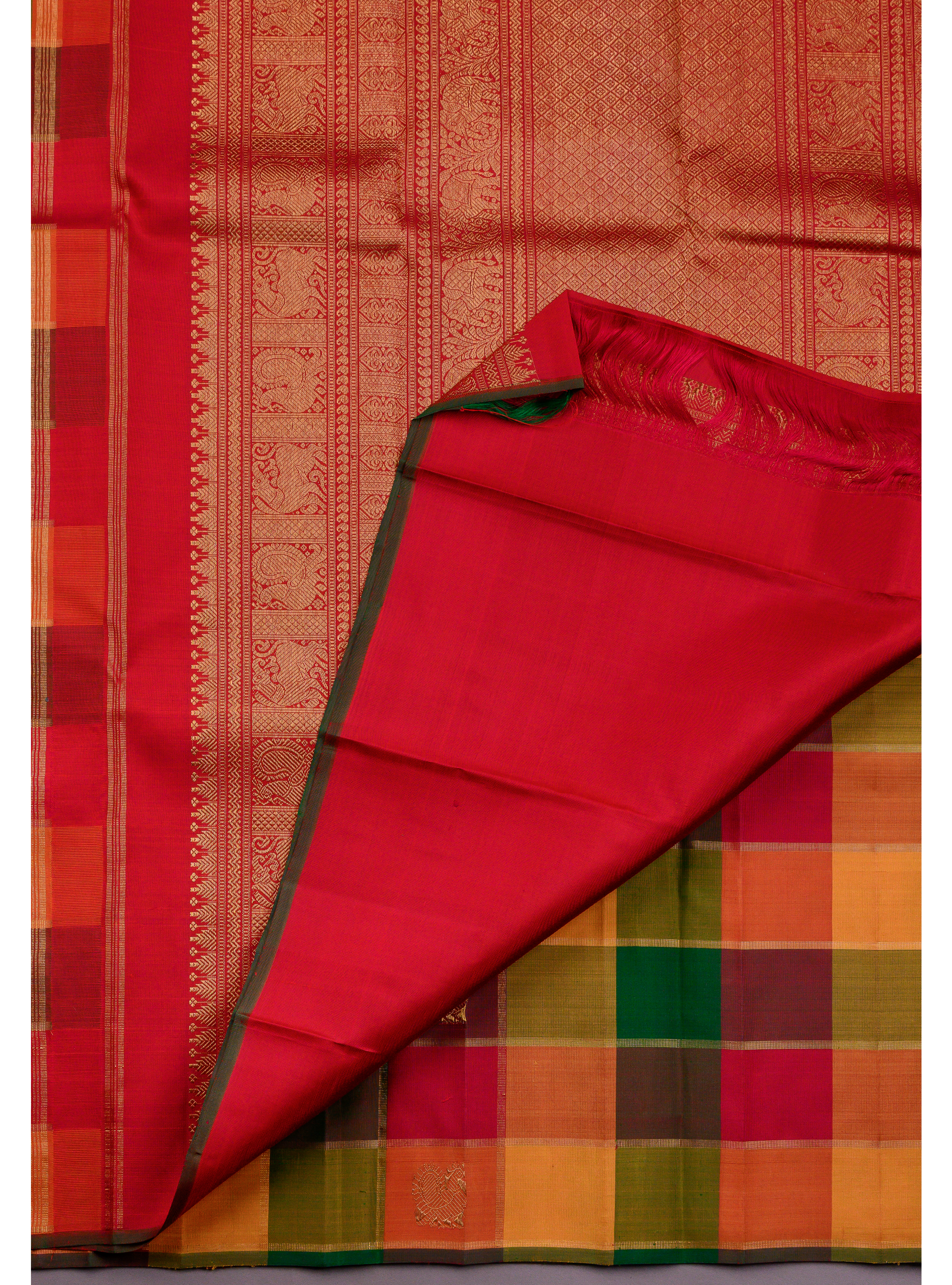 Paalum Pazhavum Borderless with arakku, green, mustard and orange checks