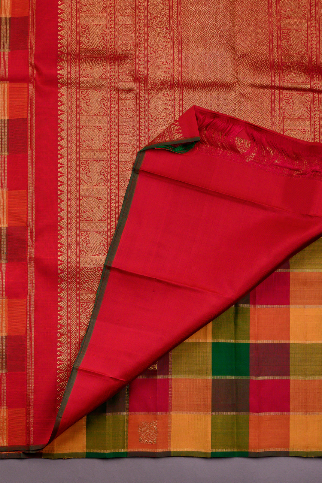 Paalum Pazhavum Borderless with arakku, green, mustard and orange checks