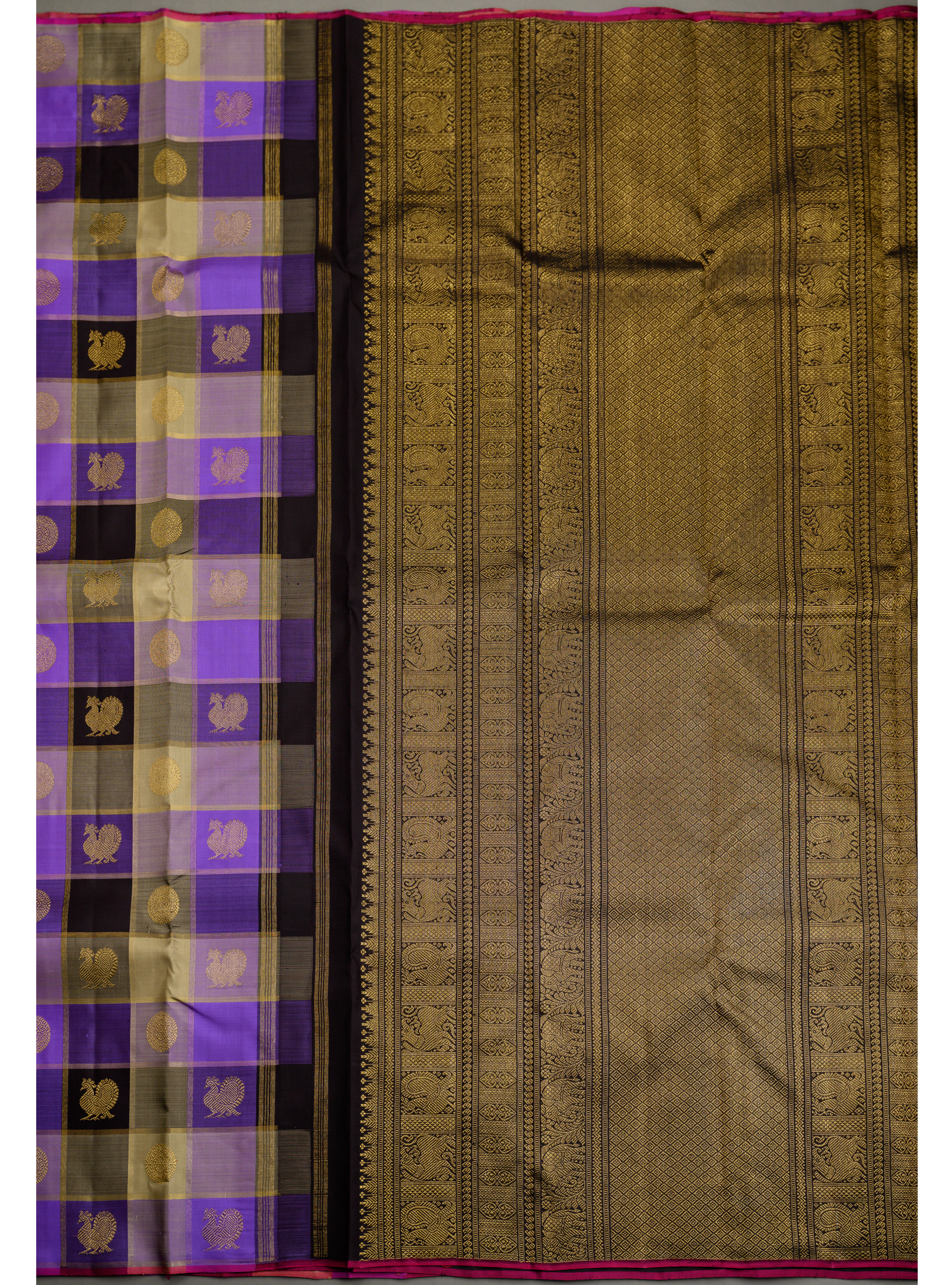 Paalum Pazhavum Borderless with deep purple, lilac and dark coffee brown checks