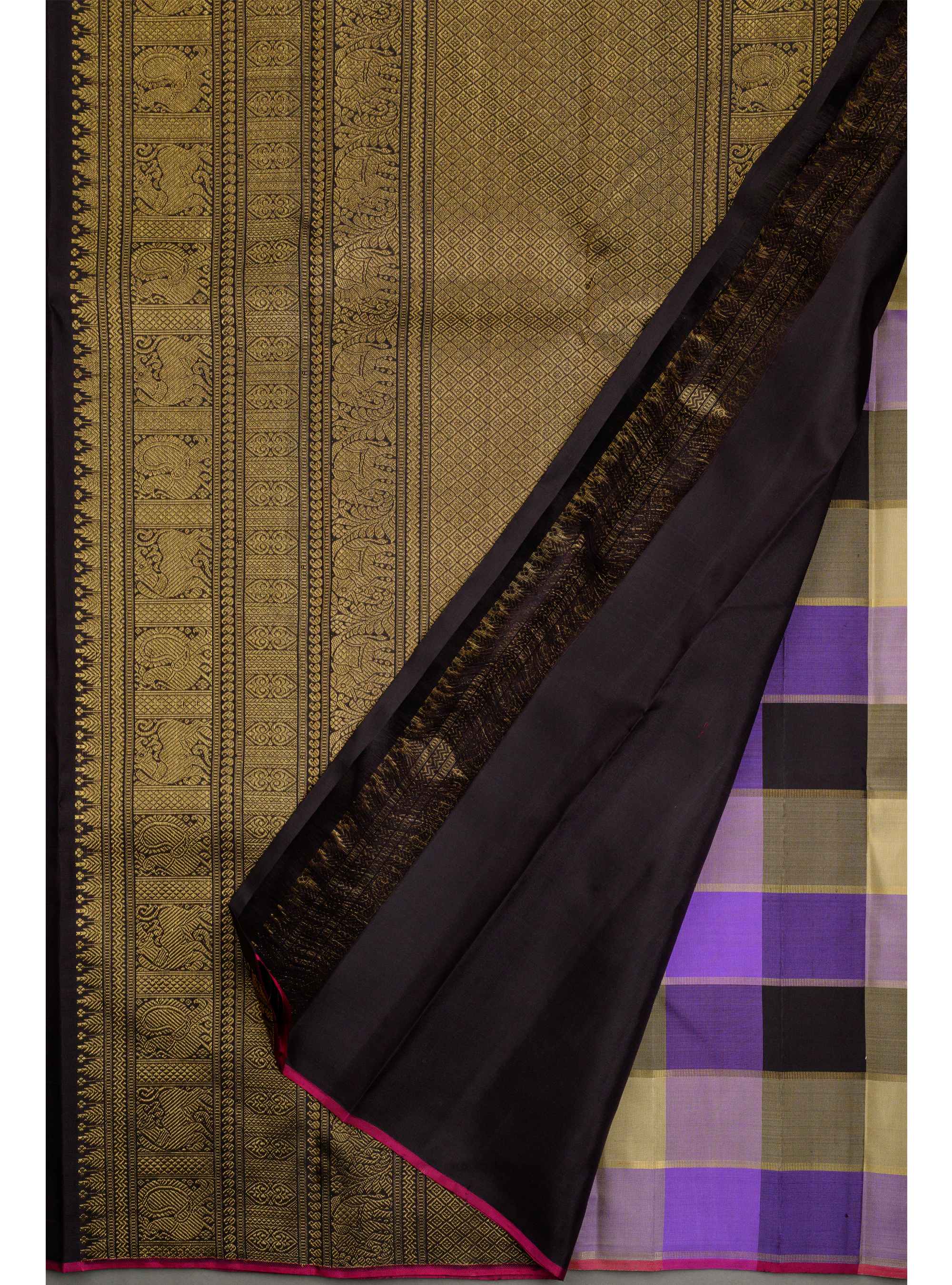 Paalum Pazhavum Borderless with deep purple, lilac and dark coffee brown checks