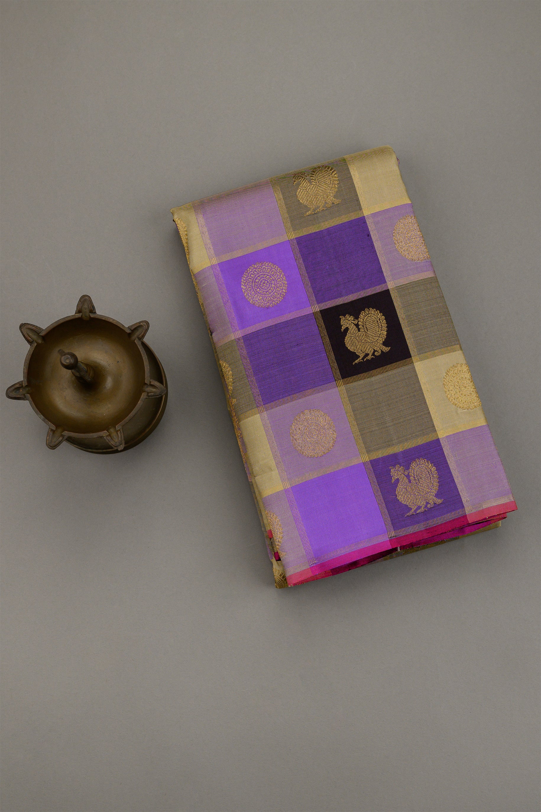 Paalum Pazhavum Borderless with deep purple, lilac and dark coffee brown checks