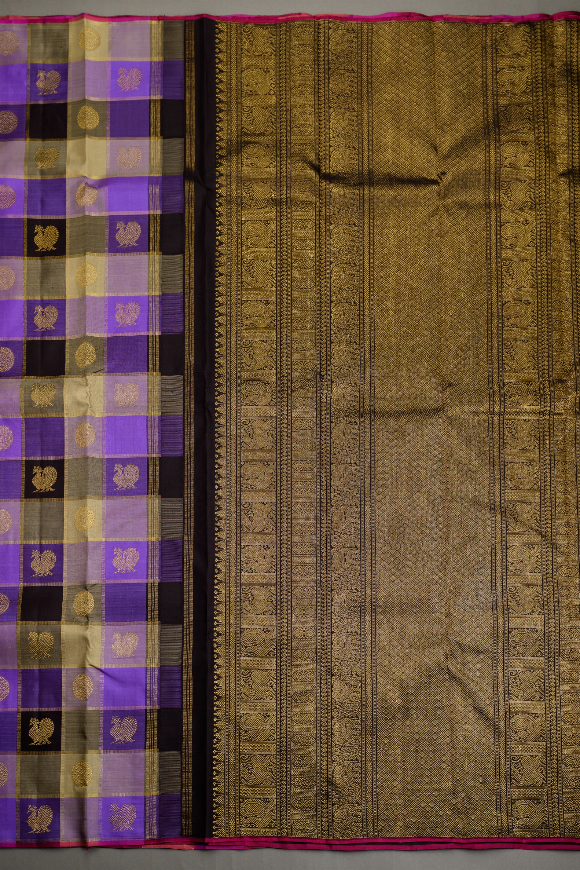 Paalum Pazhavum Borderless with deep purple, lilac and dark coffee brown checks