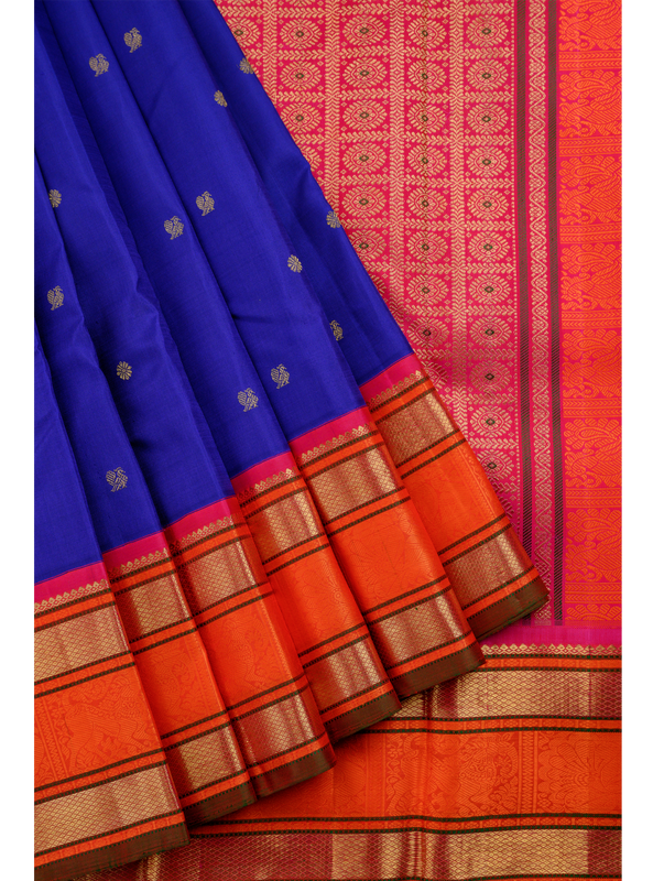 Royal Blue Korvai Kanjivaram Saree with Orange Rettapettu border new