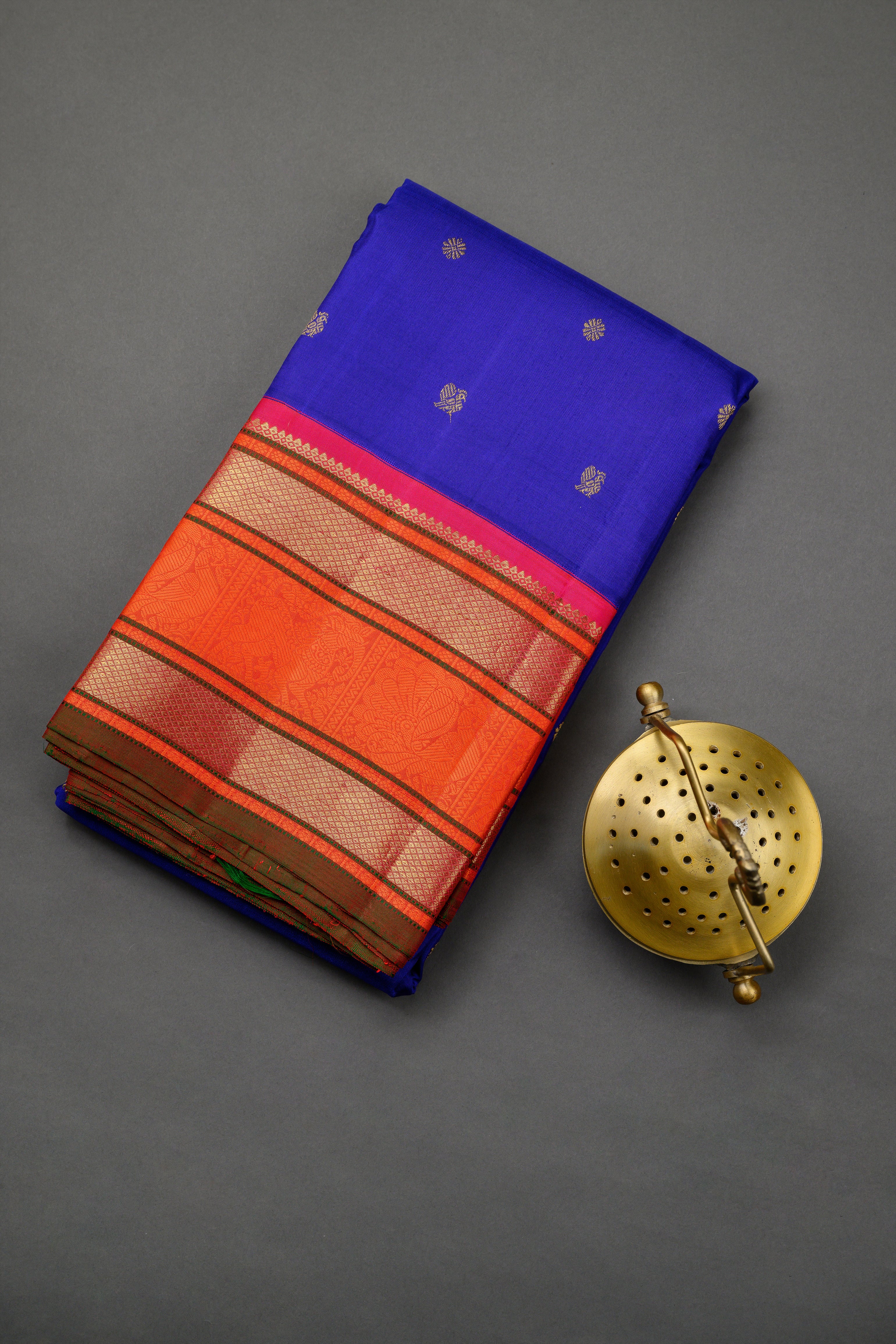 Royal Blue Korvai Kanjivaram Saree with Orange Rettapettu border