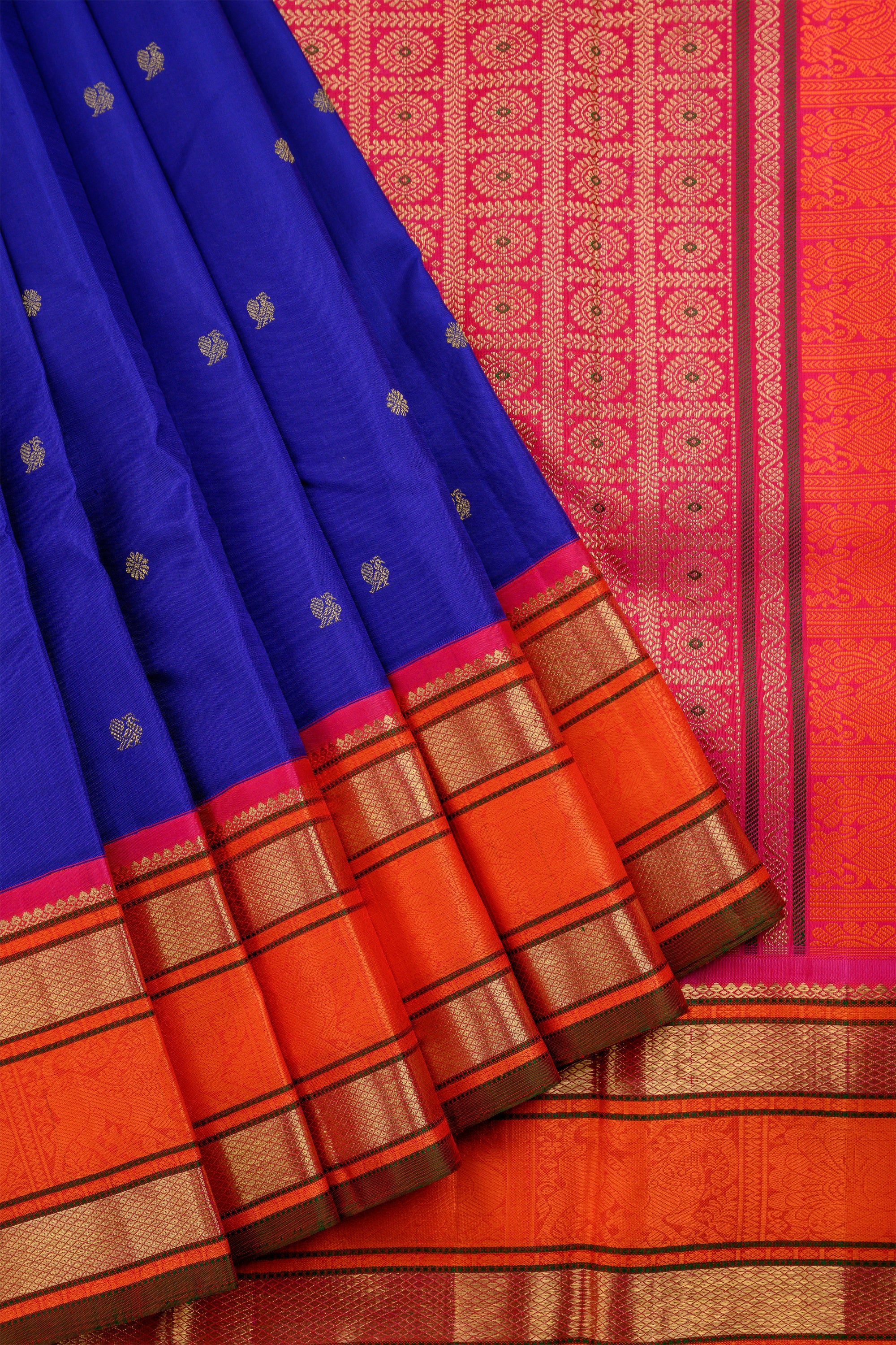Royal Blue Korvai Kanjivaram Saree with Orange Rettapettu border