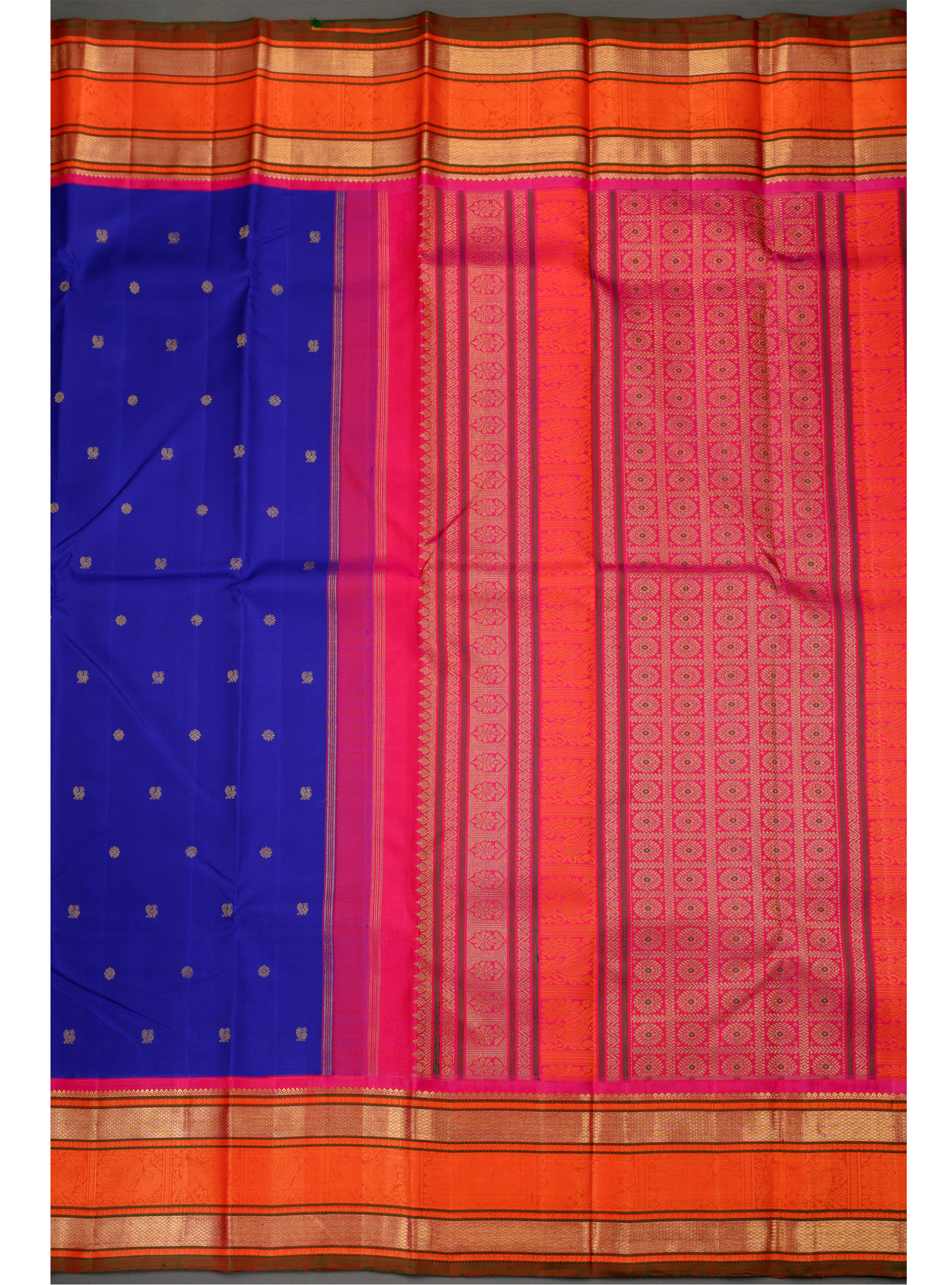 Royal Blue Korvai Kanjivaram Saree with Orange Rettapettu border