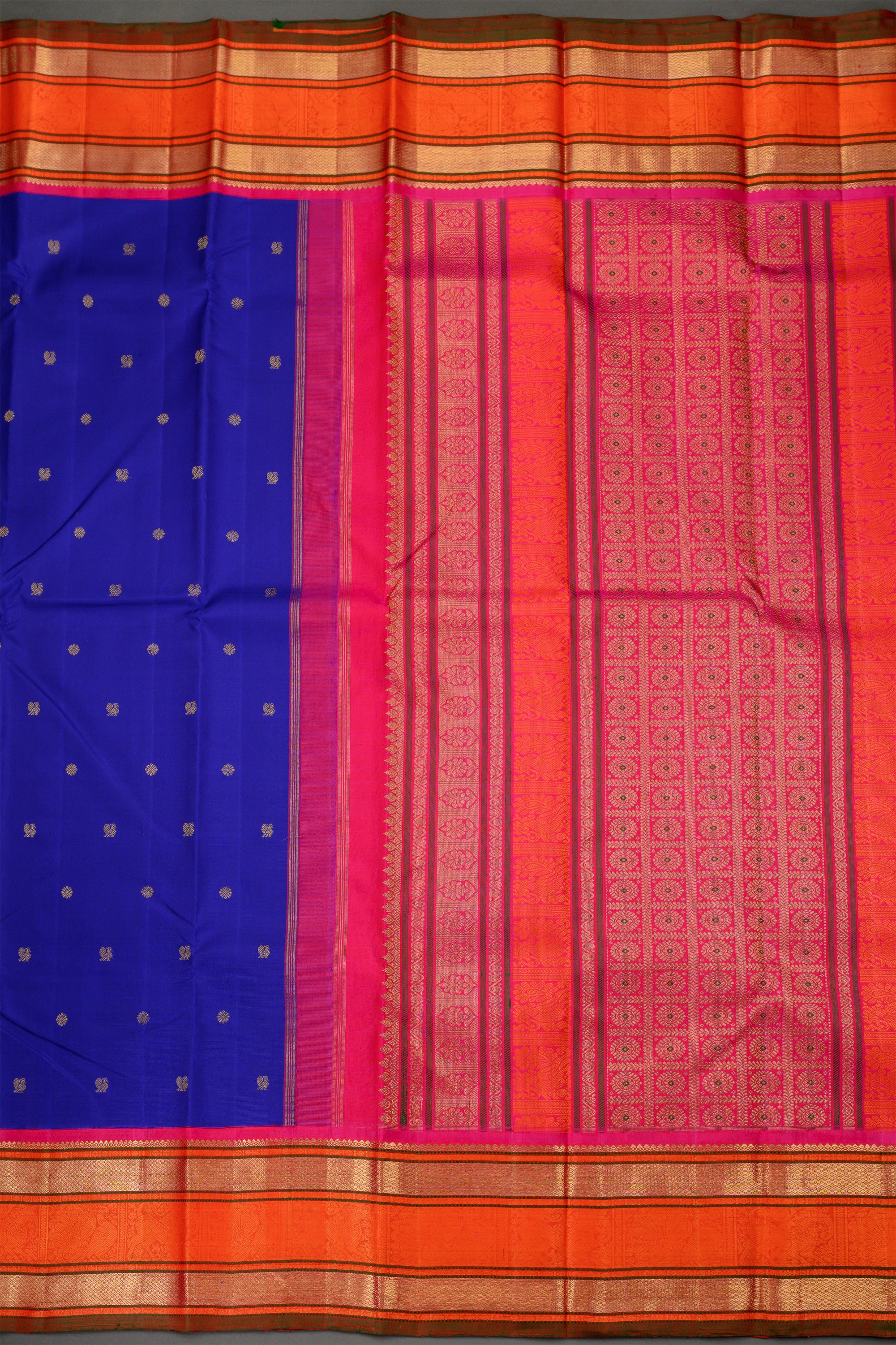 Royal Blue Korvai Kanjivaram Saree with Orange Rettapettu border