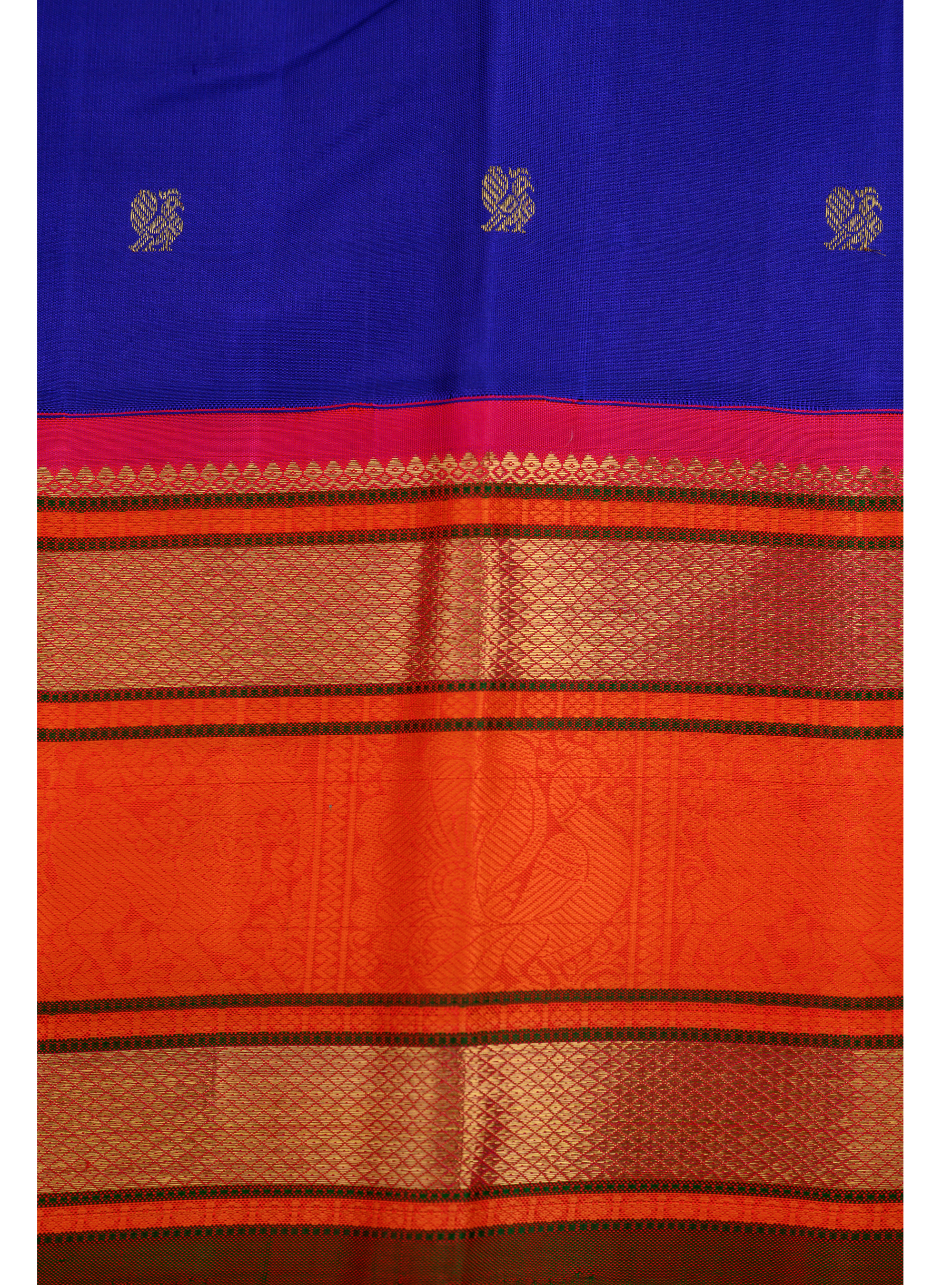 Royal Blue Korvai Kanjivaram Saree with Orange Rettapettu border