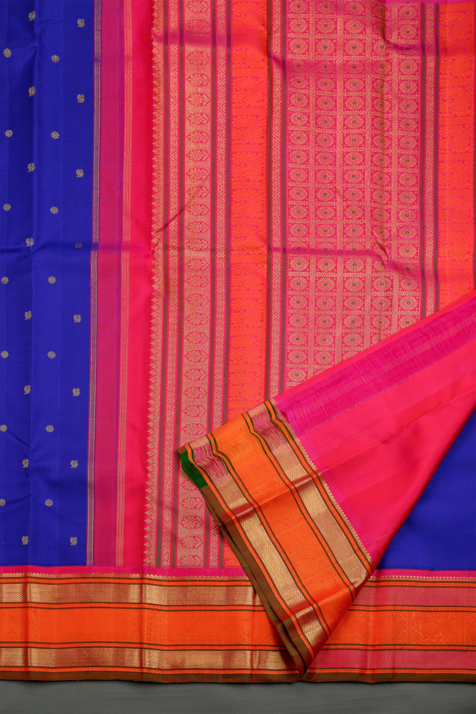 Royal Blue Korvai Kanjivaram Saree with Orange Rettapettu border