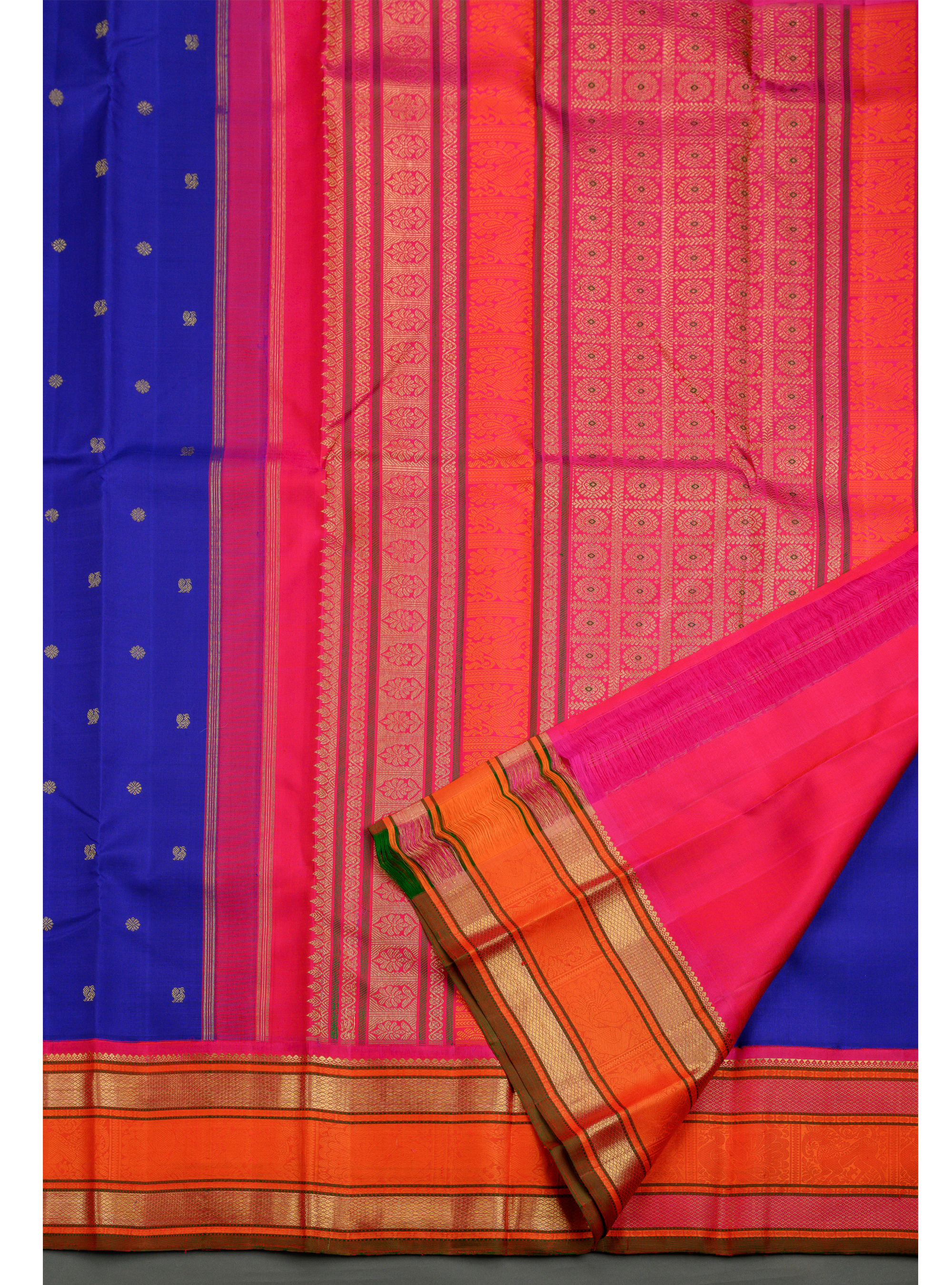 Royal Blue Korvai Kanjivaram Saree with Orange Rettapettu border