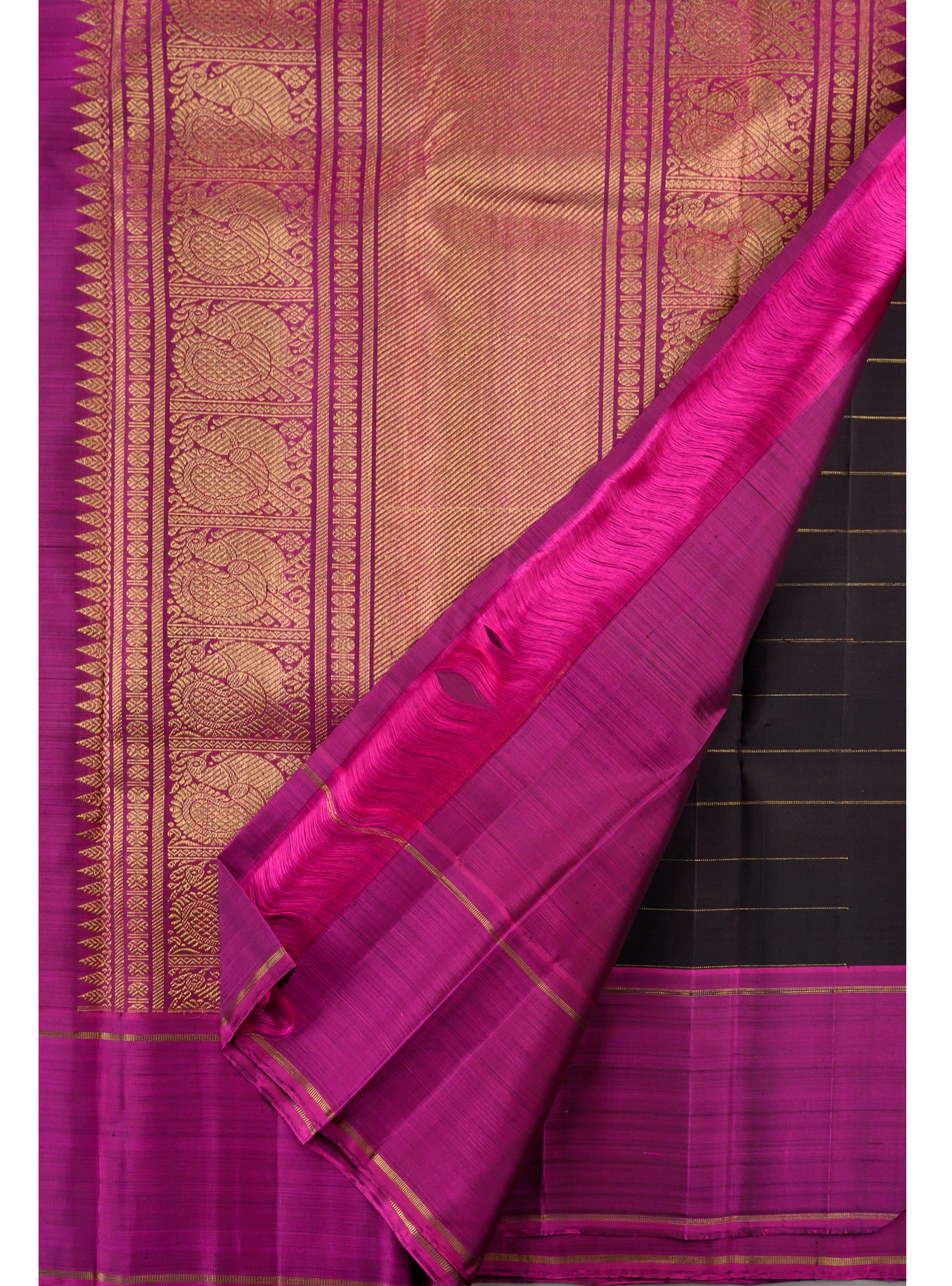 Semi contrast black zari kattam Kanjivaram with purple magenta border