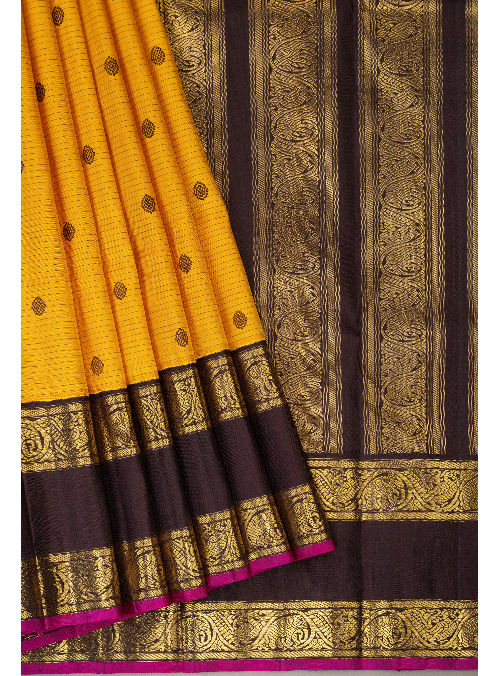 Turmeric Yellow Pattu Oosi Korvai with Coffee brown rettapettu Border