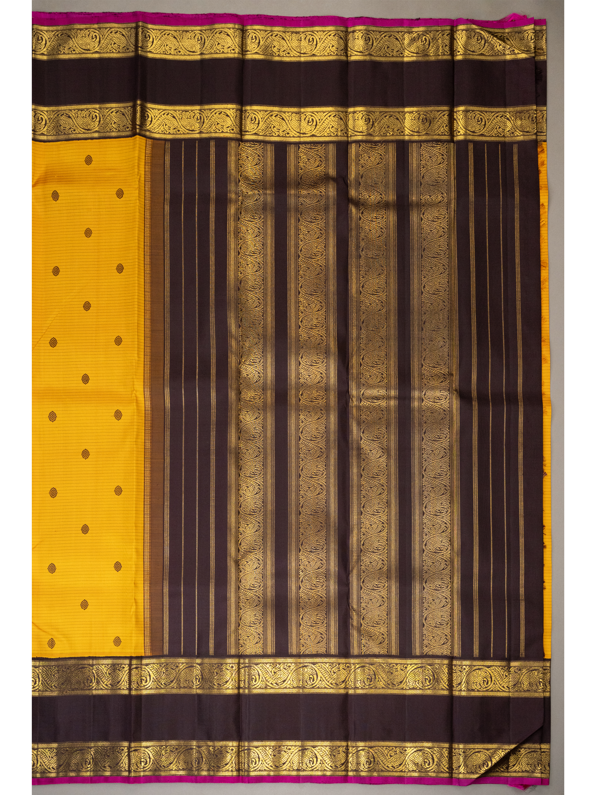 Turmeric Yellow Pattu Oosi Korvai with Coffee brown rettapettu Border