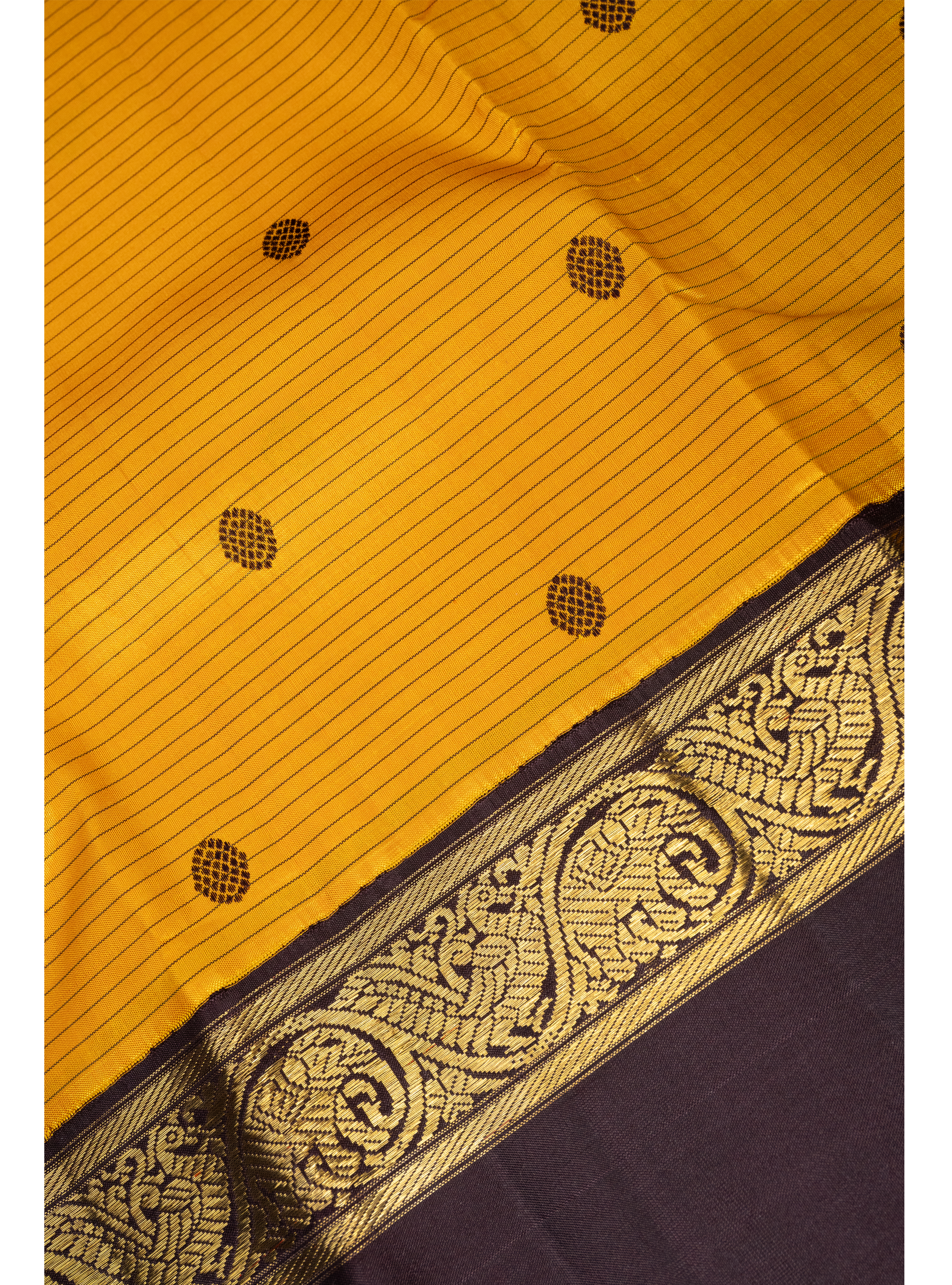 Turmeric Yellow Pattu Oosi Korvai with Coffee brown rettapettu Border