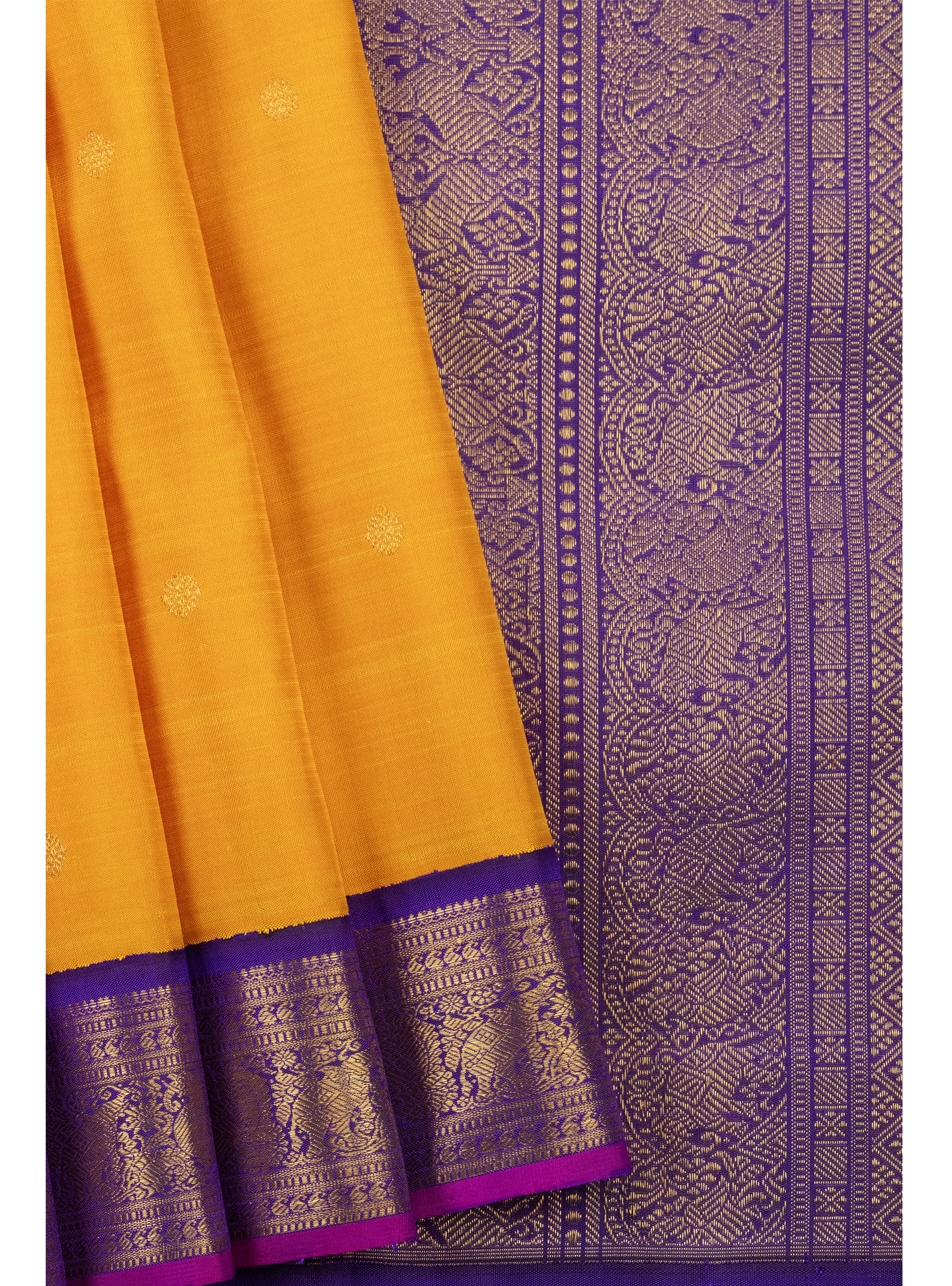 VibrantYellow Korvai with purple border Kanjivaram