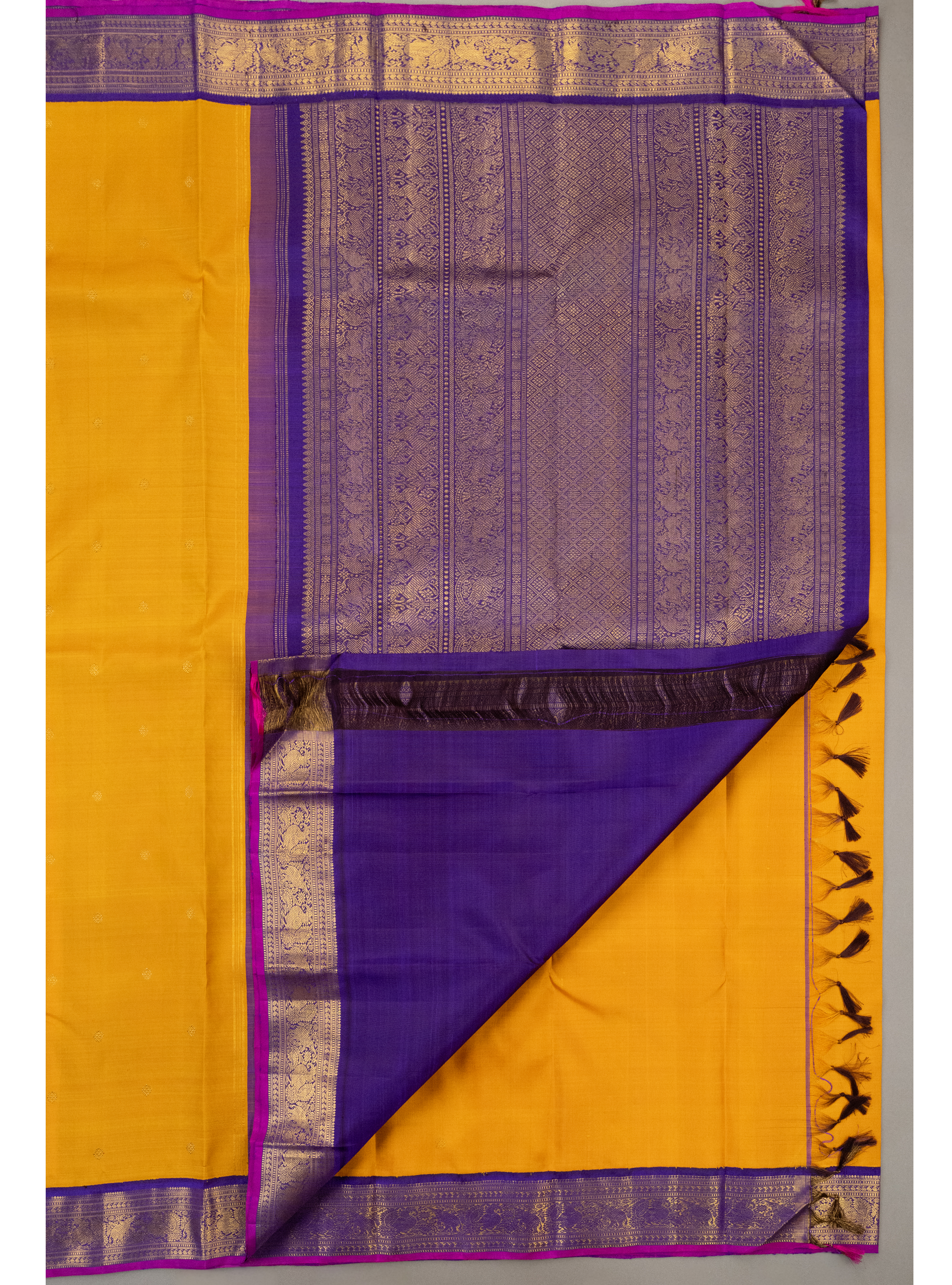 VibrantYellow Korvai with purple border Kanjivaram