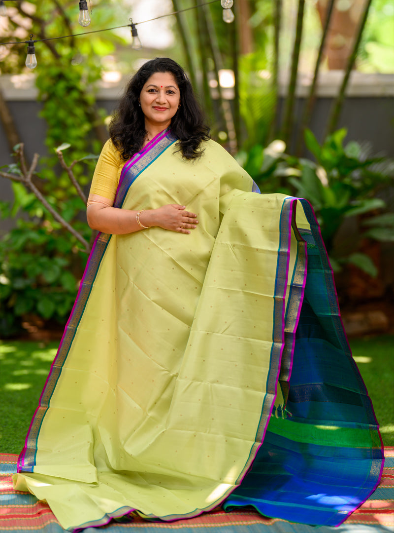 Apple green and peacock blue small border korvai kanchivaram