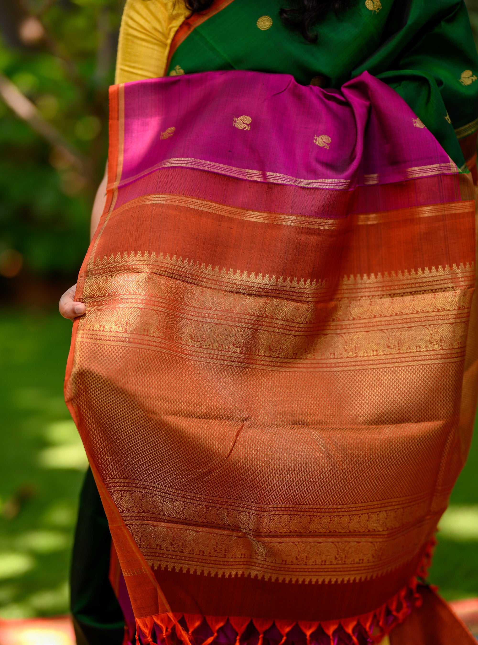 Concept Kanjivaram in Green, Magenta and Orange