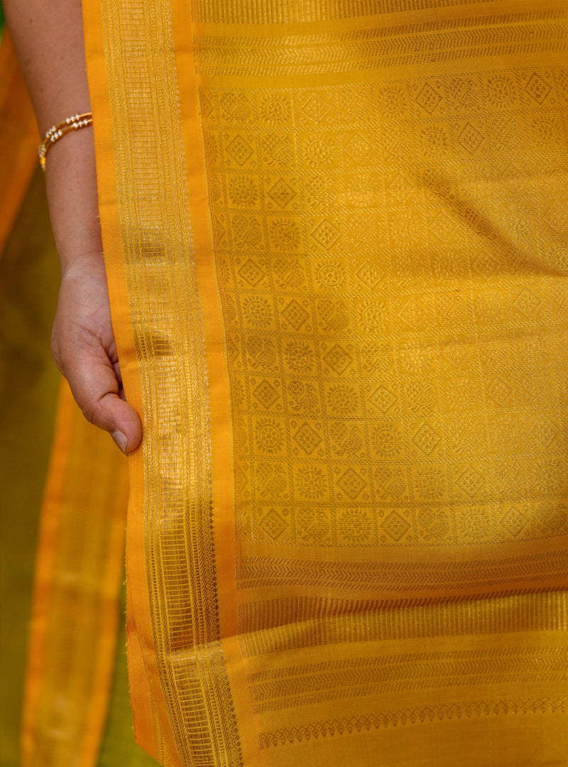 A Vintage  plus butta kanchivaram in light Green and yellow.