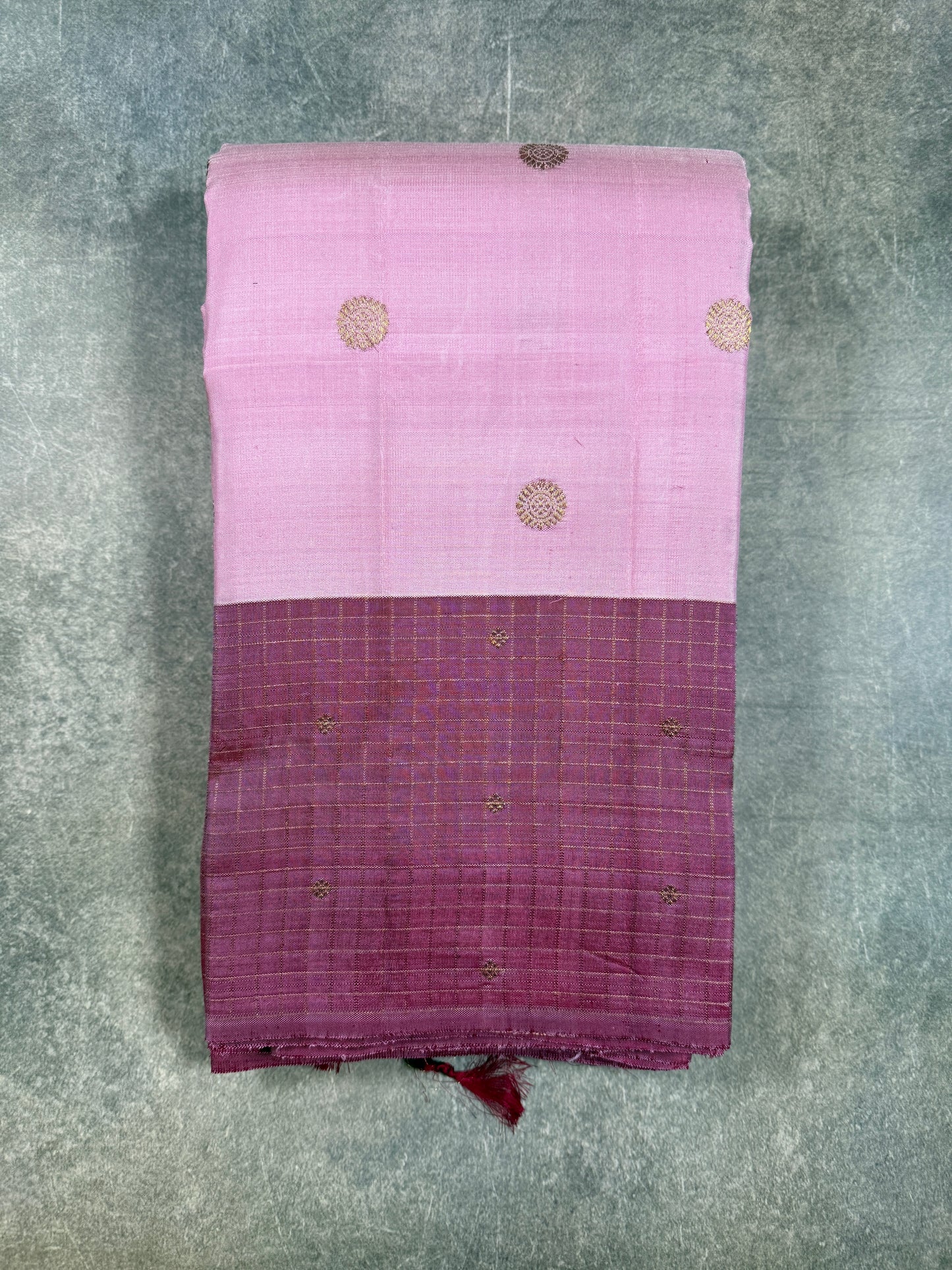 Blush Pink & Plum Pure Kanchipuram Silk Saree with Pure Zari Buttas and Checked Border