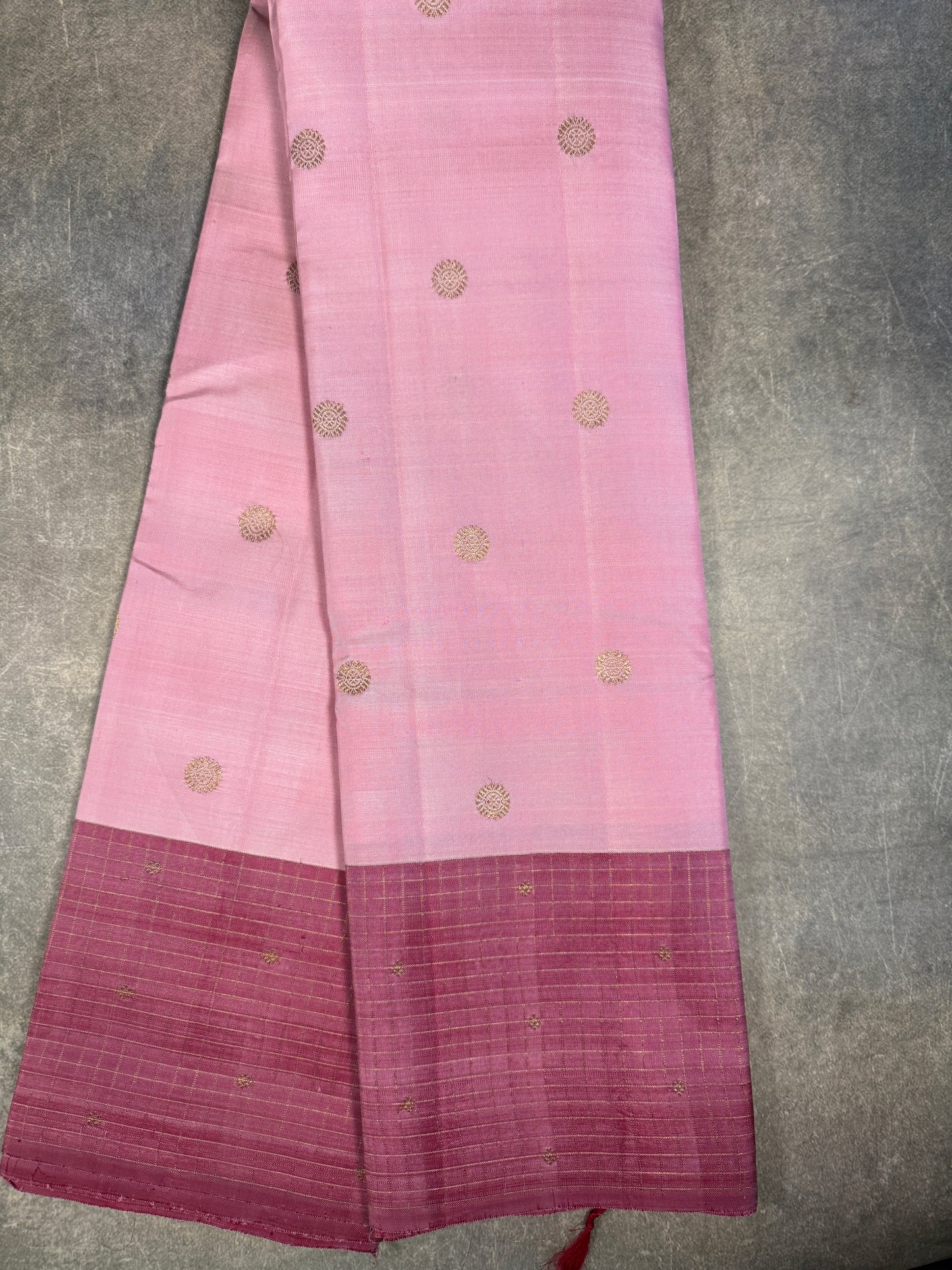 Blush Pink & Plum Pure Kanchipuram Silk Saree with Pure Zari Buttas and Checked Border