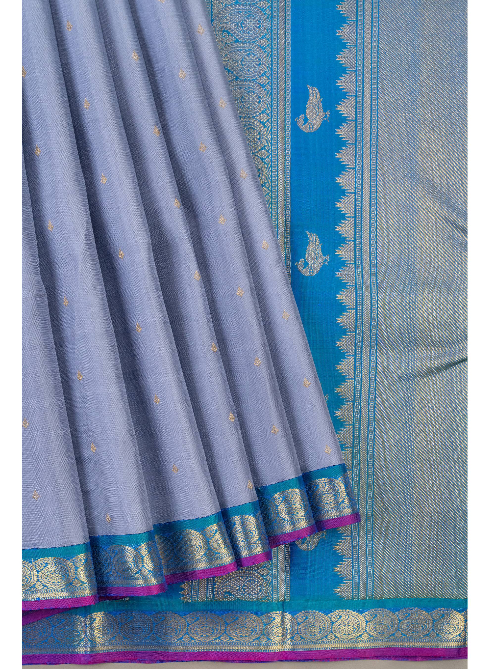 Bluish Grey and Mayilkazhuthu Blue korvai border Kanjivaram Saree