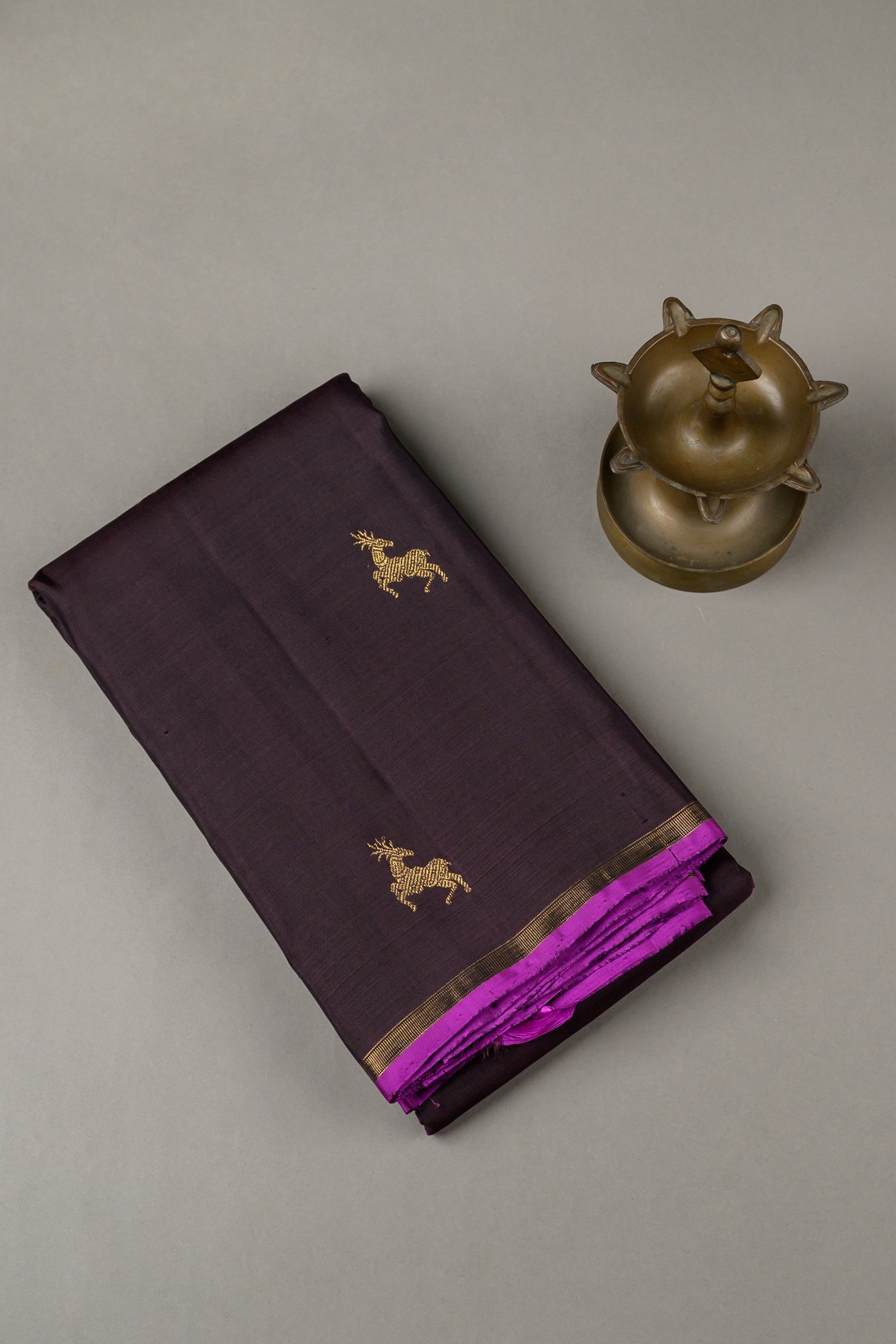 Borderless Dark Brown Saree with Maan butta